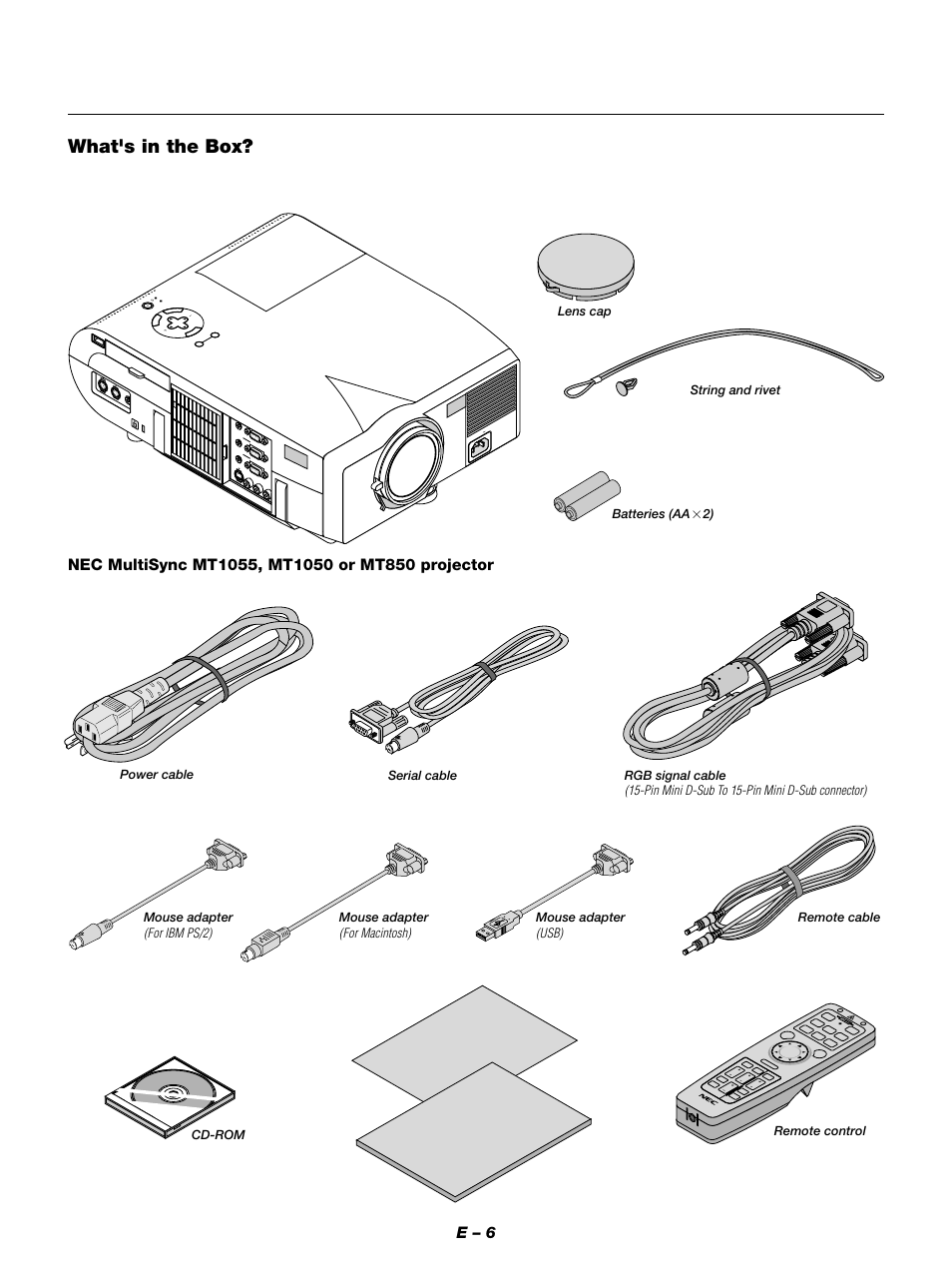 Quick connect guide user's manual, What's in the box, E – 6 | Pin mini d-sub to 15-pin mini d-sub connector), For ibm ps/2), For macintosh), Usb), Mouse adapter, Remote cable cd-rom remote control mouse adapter | NEC MT1050 User Manual | Page 6 / 56