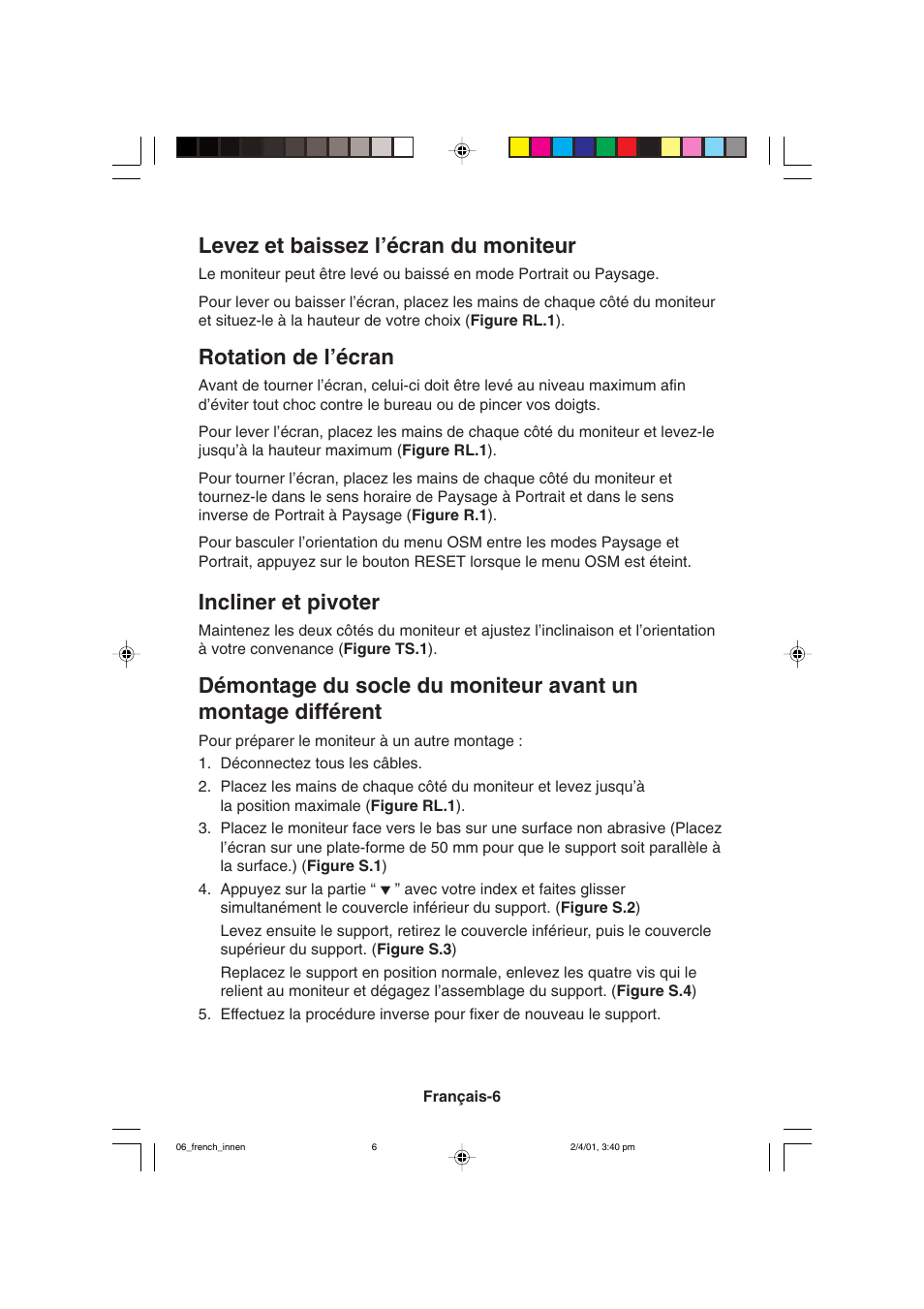 Levez et baissez l’écran du moniteur, Rotation de l’écran, Incliner et pivoter | NEC LCD1850X User Manual | Page 107 / 213