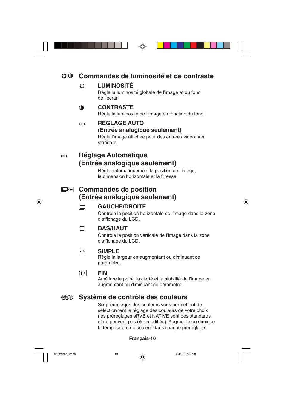 Commandes de luminosité et de contraste, Réglage automatique (entrée analogique seulement), Système de contrôle des couleurs | NEC LCD1850X User Manual | Page 111 / 213