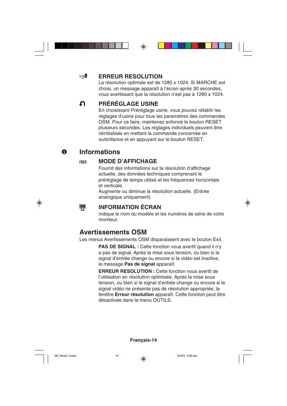 Informations, Avertissements osm | NEC LCD1850X User Manual | Page 115 / 213