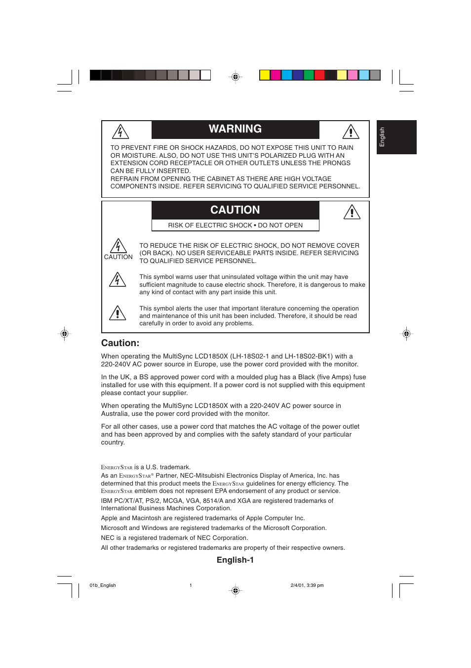 Caution warning, Caution, English-1 | NEC LCD1850X User Manual | Page 12 / 213