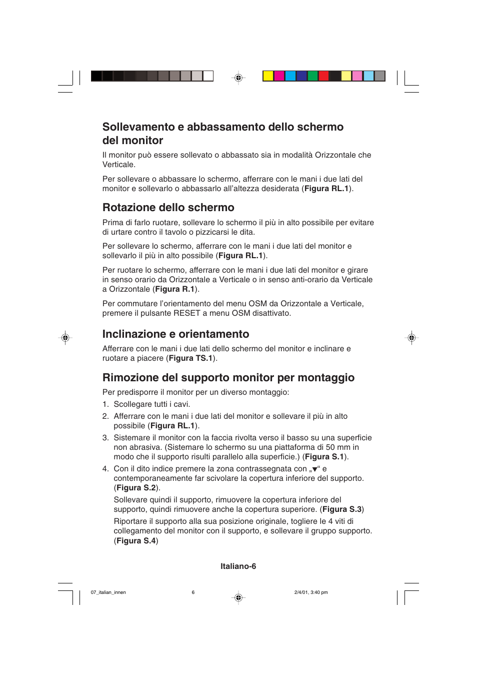 Rotazione dello schermo, Inclinazione e orientamento, Rimozione del supporto monitor per montaggio | NEC LCD1850X User Manual | Page 125 / 213