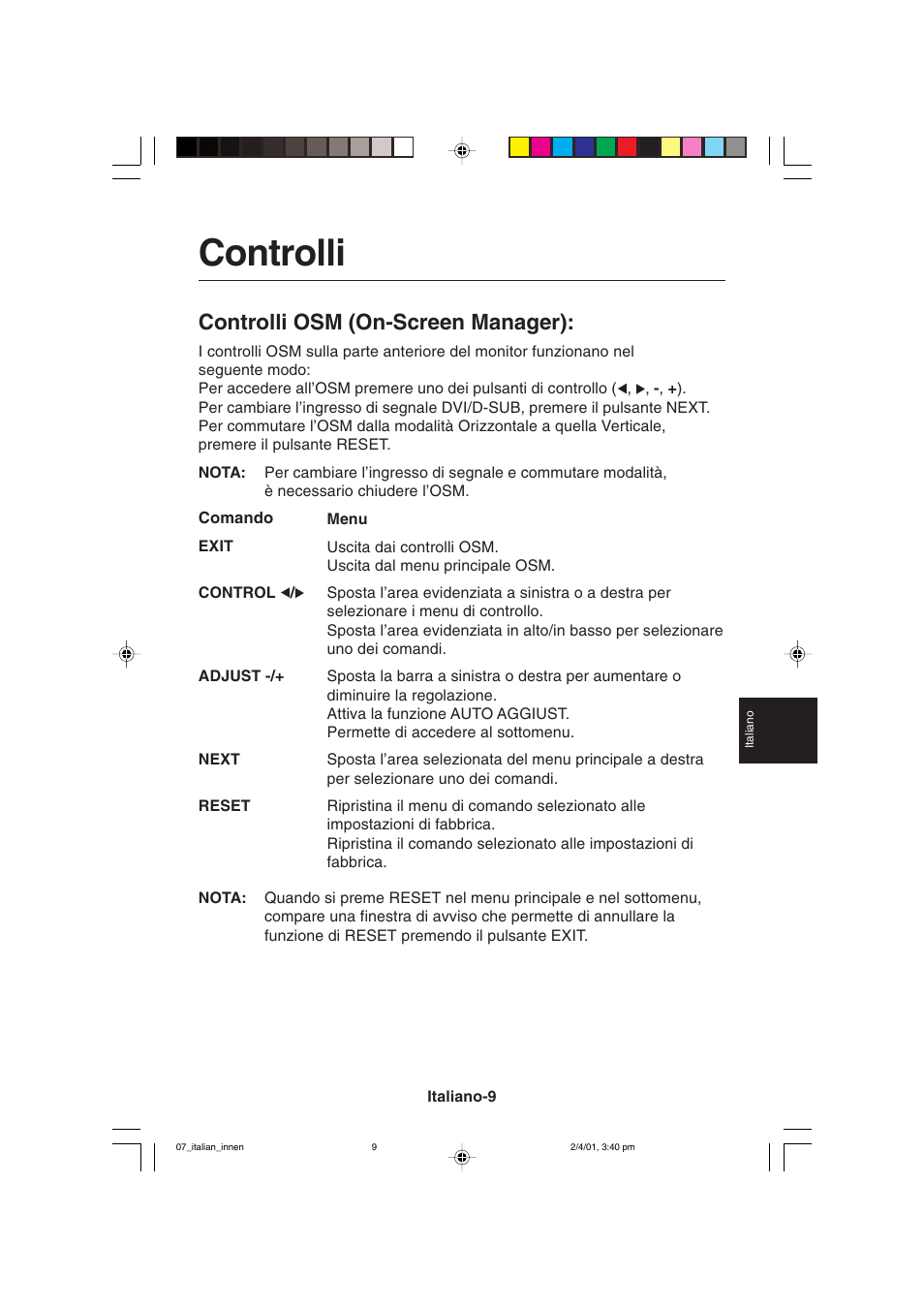 Controlli, Controlli osm (on-screen manager) | NEC LCD1850X User Manual | Page 128 / 213