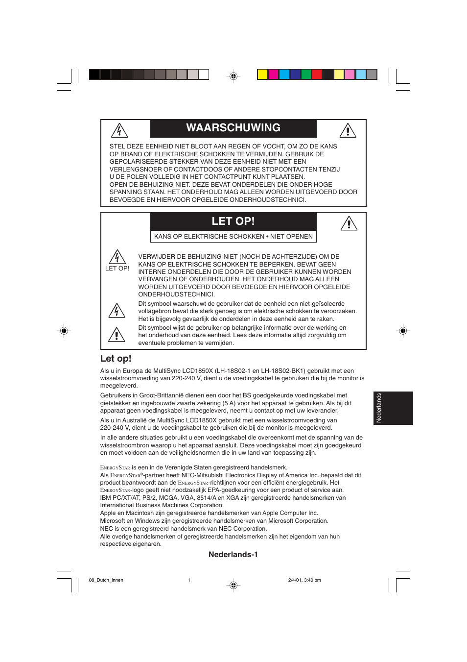 Let op! waarschuwing, Let op, Nederlands-1 | NEC LCD1850X User Manual | Page 138 / 213