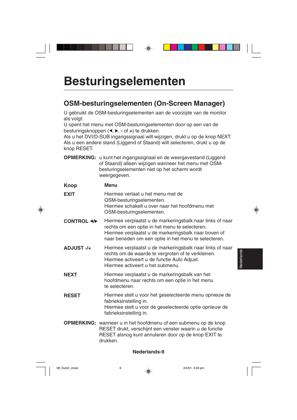 Besturingselementen, Osm-besturingselementen (on-screen manager) | NEC LCD1850X User Manual | Page 146 / 213
