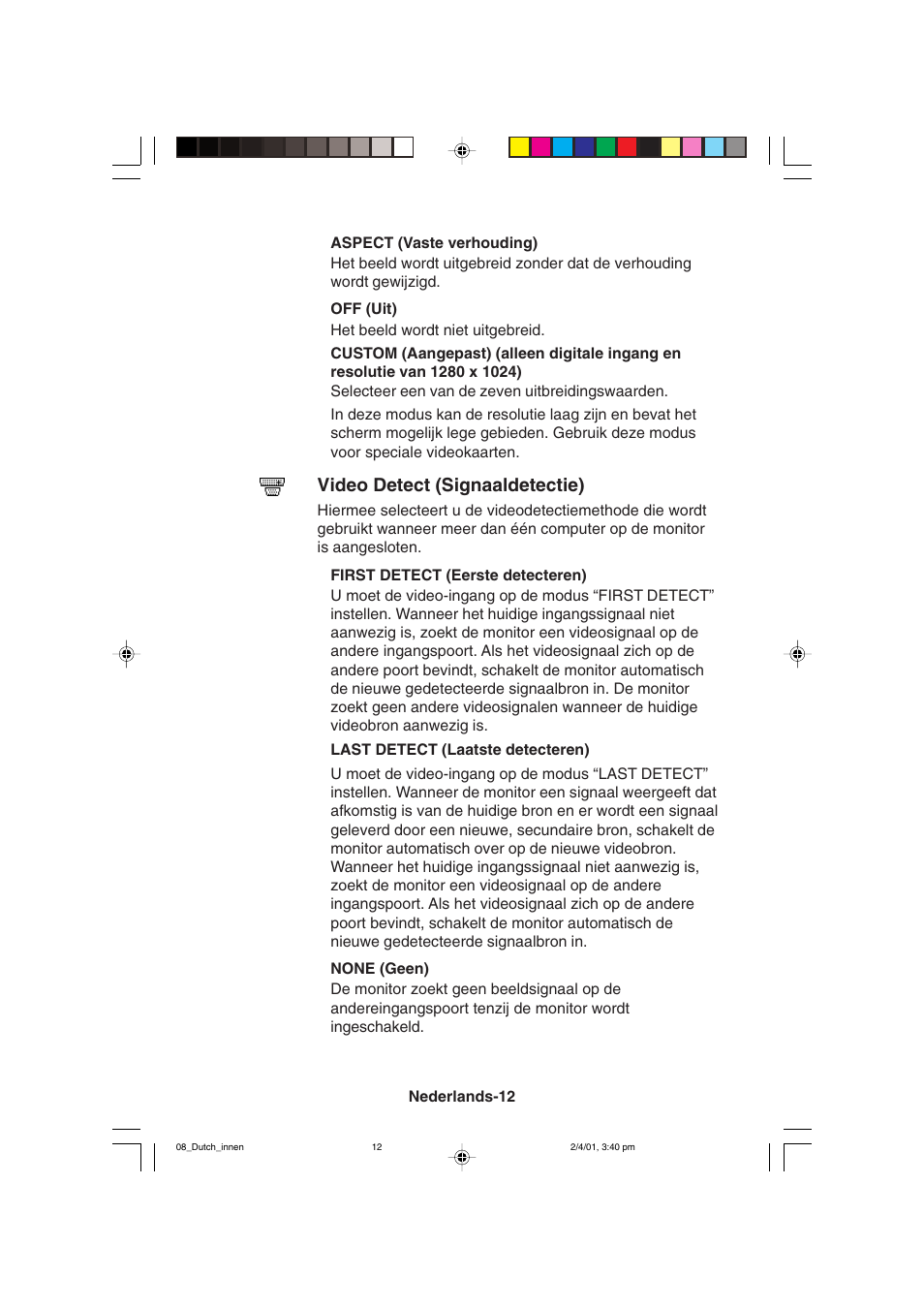 Video detect (signaaldetectie) | NEC LCD1850X User Manual | Page 149 / 213