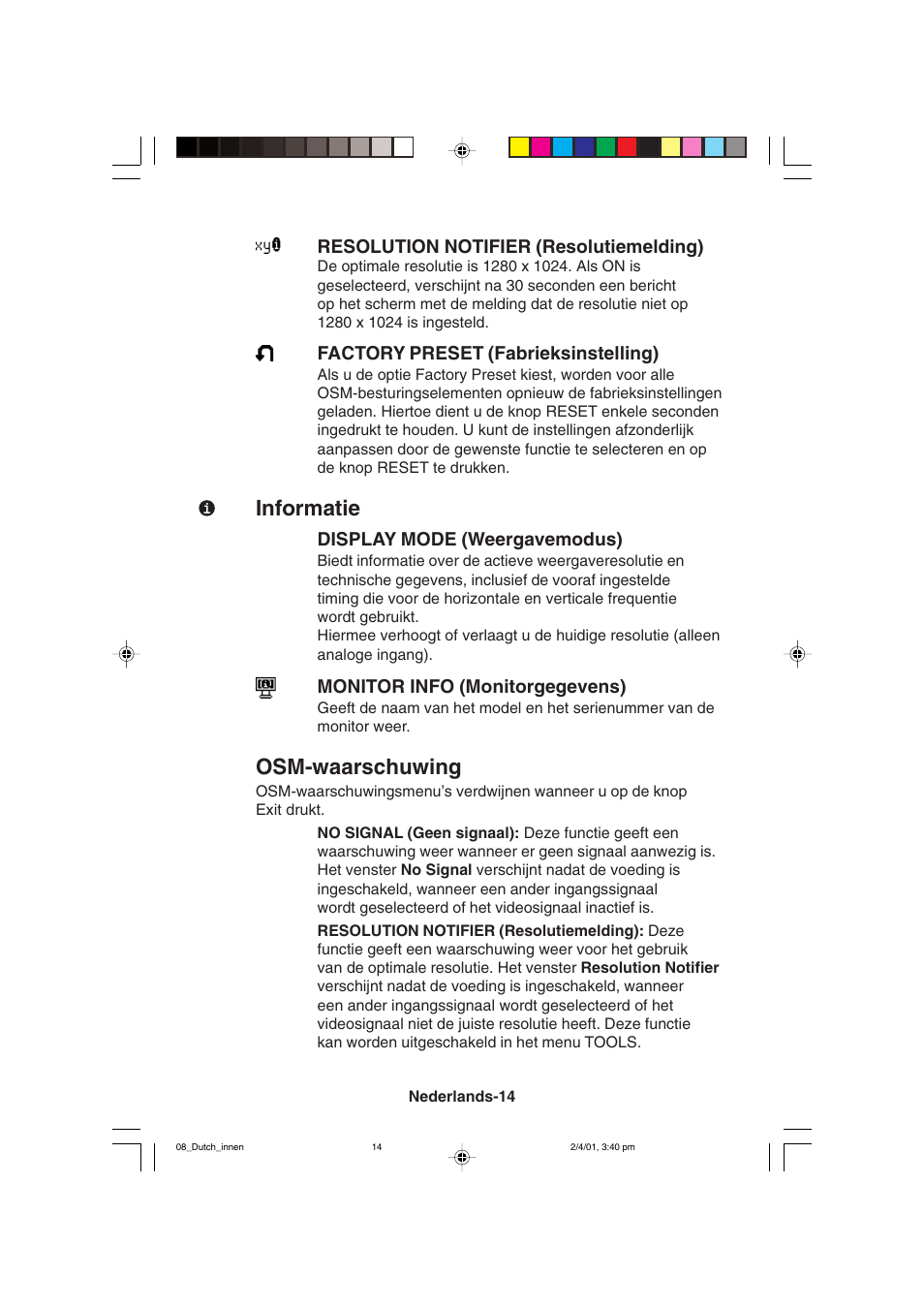 Informatie, Osm-waarschuwing | NEC LCD1850X User Manual | Page 151 / 213