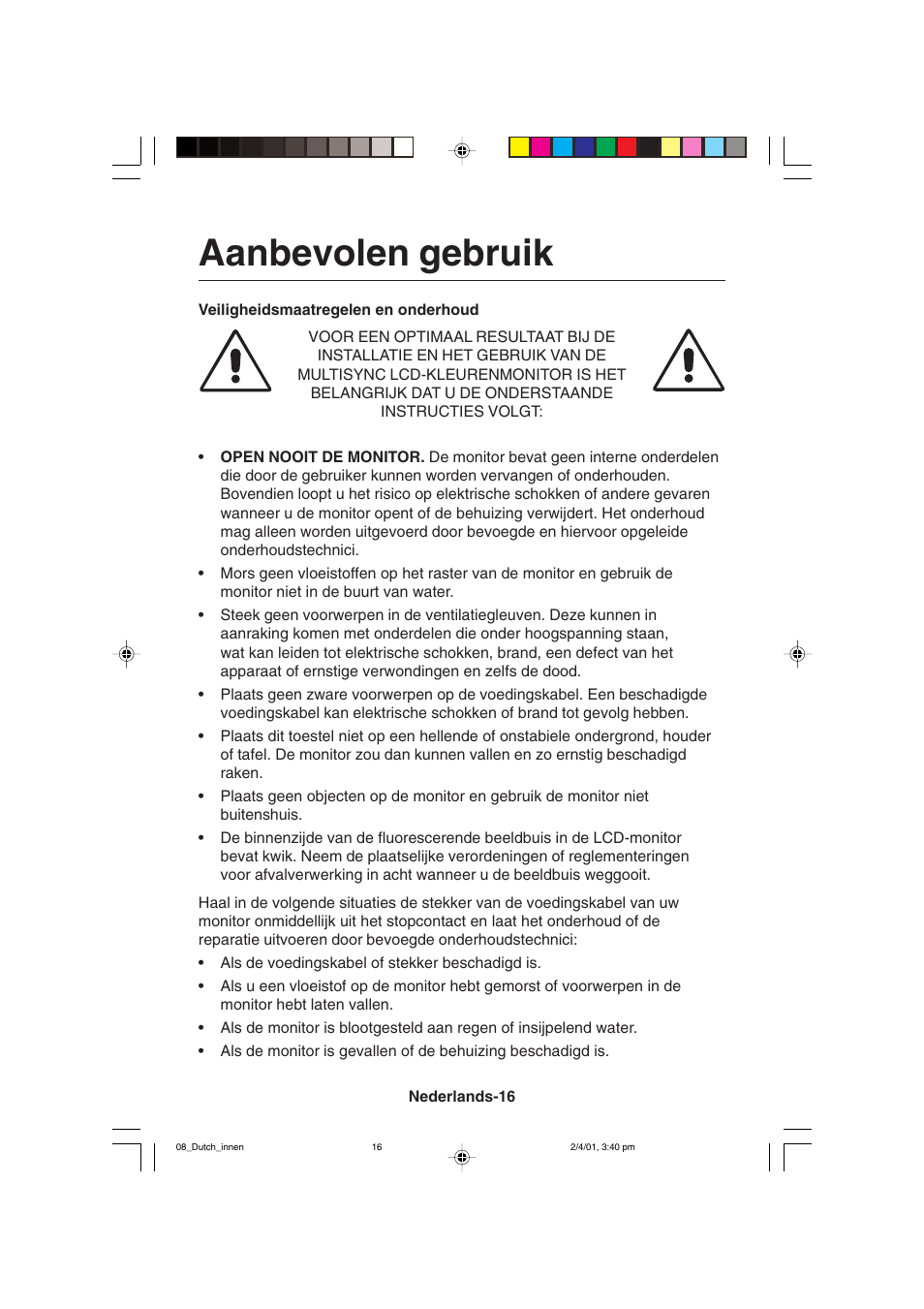 Aanbevolen gebruik | NEC LCD1850X User Manual | Page 153 / 213