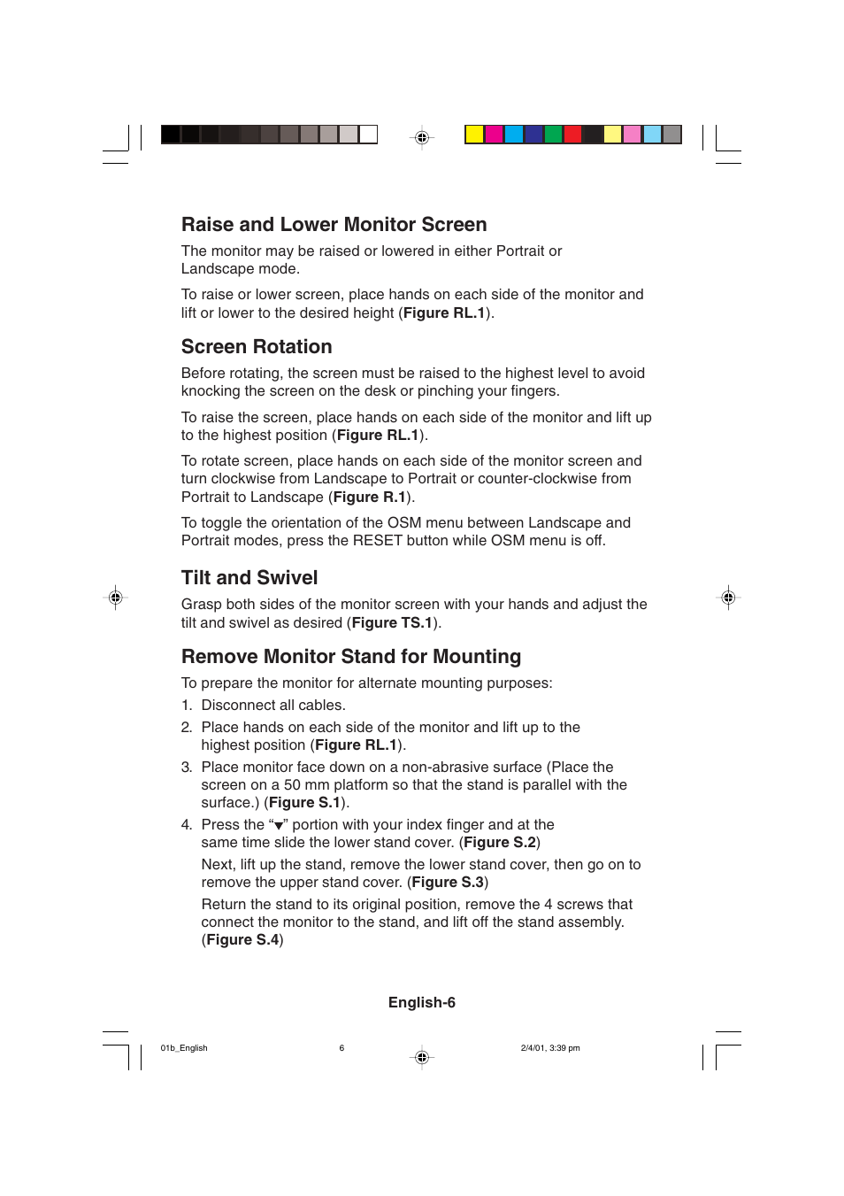 Raise and lower monitor screen, Screen rotation, Tilt and swivel | Remove monitor stand for mounting | NEC LCD1850X User Manual | Page 17 / 213
