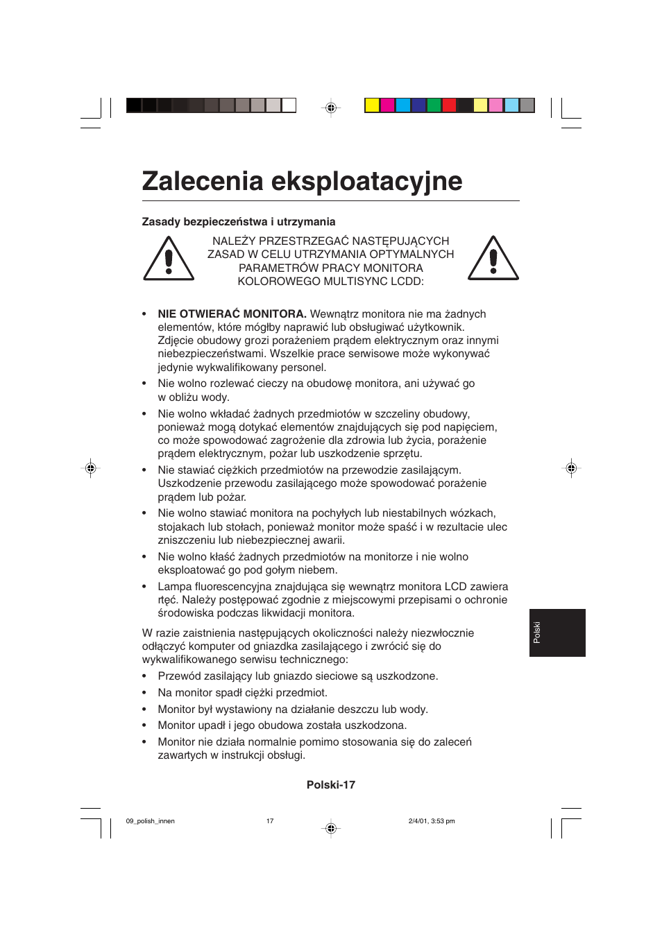 Zalecenia eksploatacyjne | NEC LCD1850X User Manual | Page 172 / 213