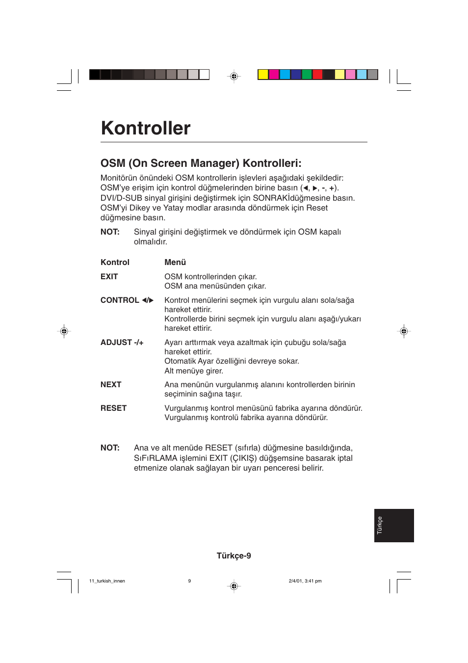 Kontroller, Osm (on screen manager) kontrolleri | NEC LCD1850X User Manual | Page 202 / 213