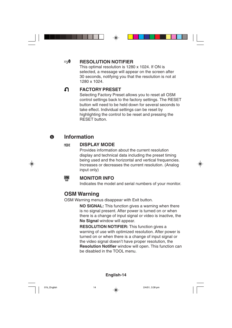 Information, Osm warning | NEC LCD1850X User Manual | Page 25 / 213