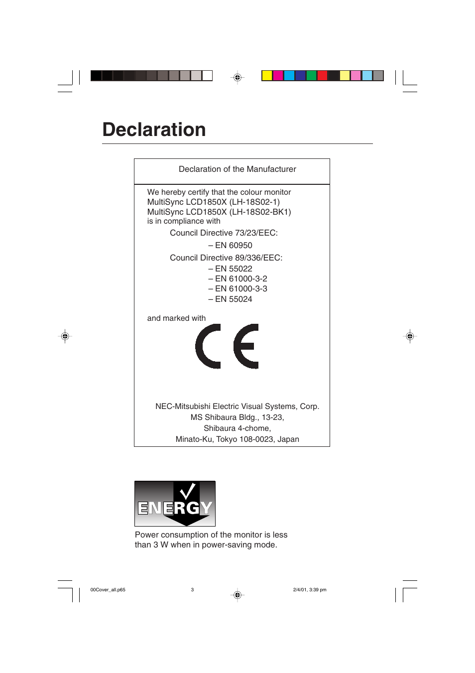 Declaration | NEC LCD1850X User Manual | Page 3 / 213