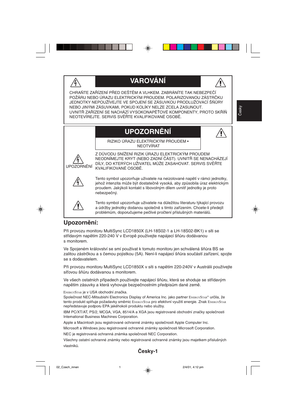 Upozornùní varování, Upozornûní, Âesky-1 | NEC LCD1850X User Manual | Page 30 / 213