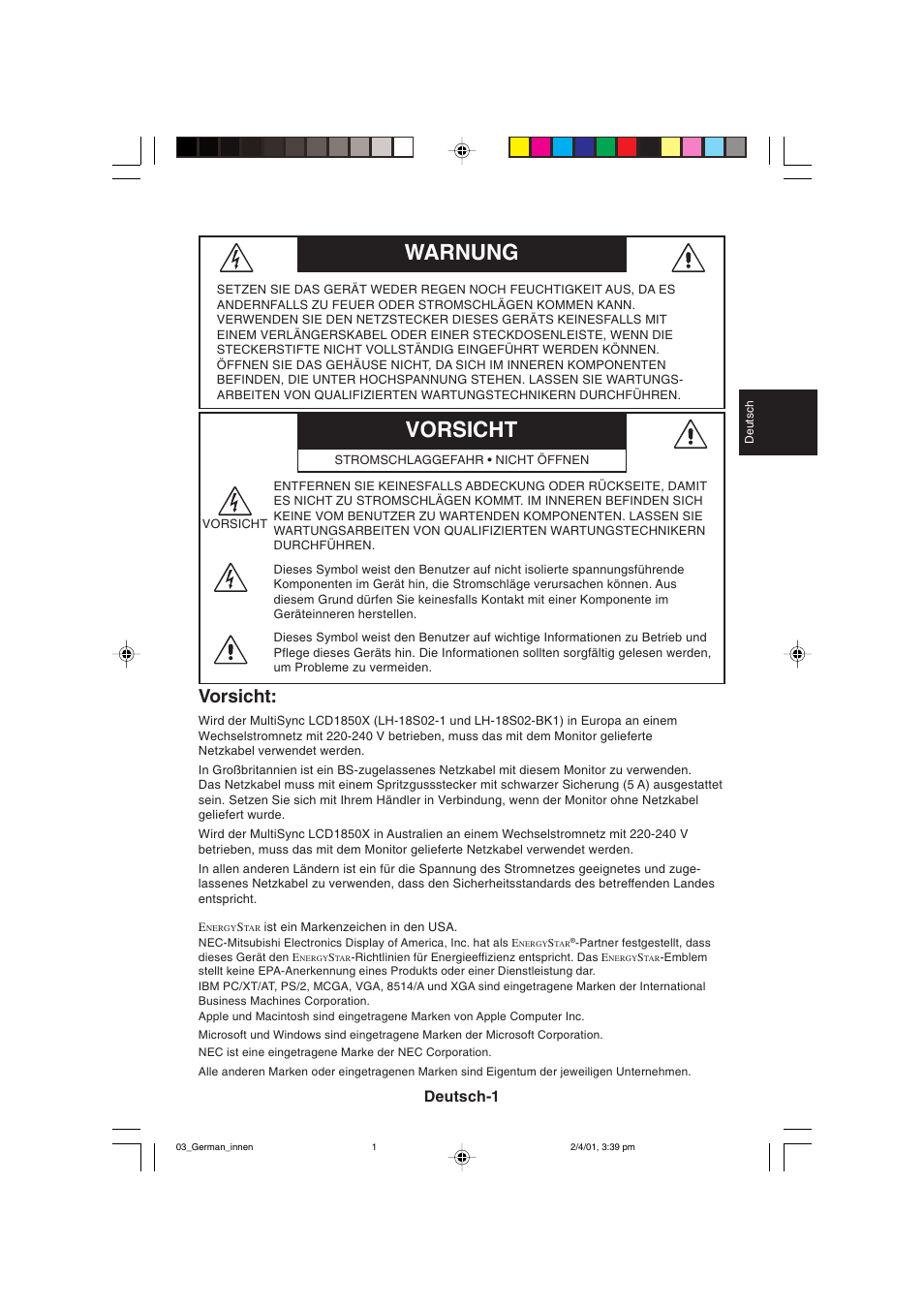 Vorsicht warnung, Vorsicht, Deutsch-1 | NEC LCD1850X User Manual | Page 48 / 213