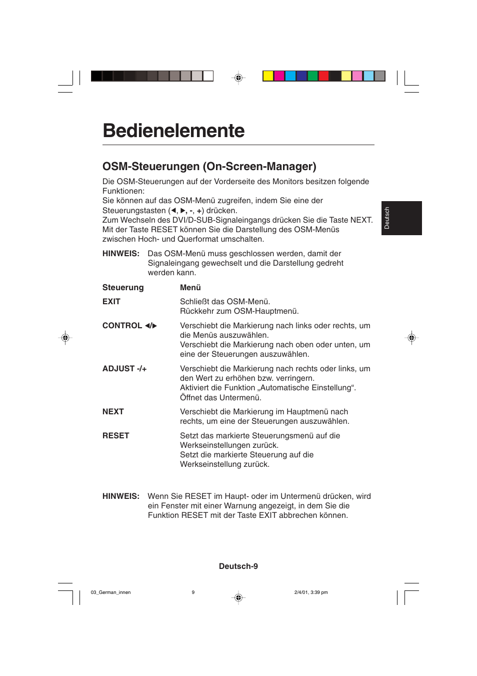Bedienelemente, Osm-steuerungen (on-screen-manager) | NEC LCD1850X User Manual | Page 56 / 213