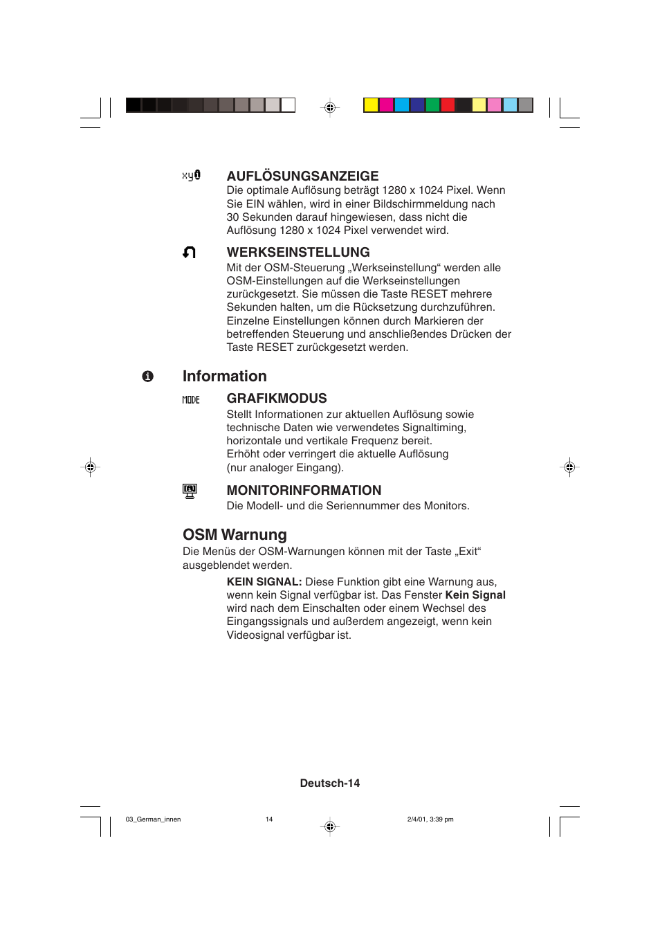 Information, Osm warnung | NEC LCD1850X User Manual | Page 61 / 213