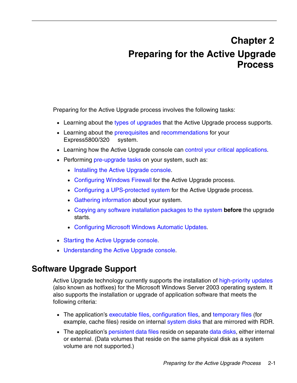 Preparing for the active upgrade process, Software upgrade support, Chapter 2 preparing for the active upgrade process | NEC 320Fc User Manual | Page 23 / 120