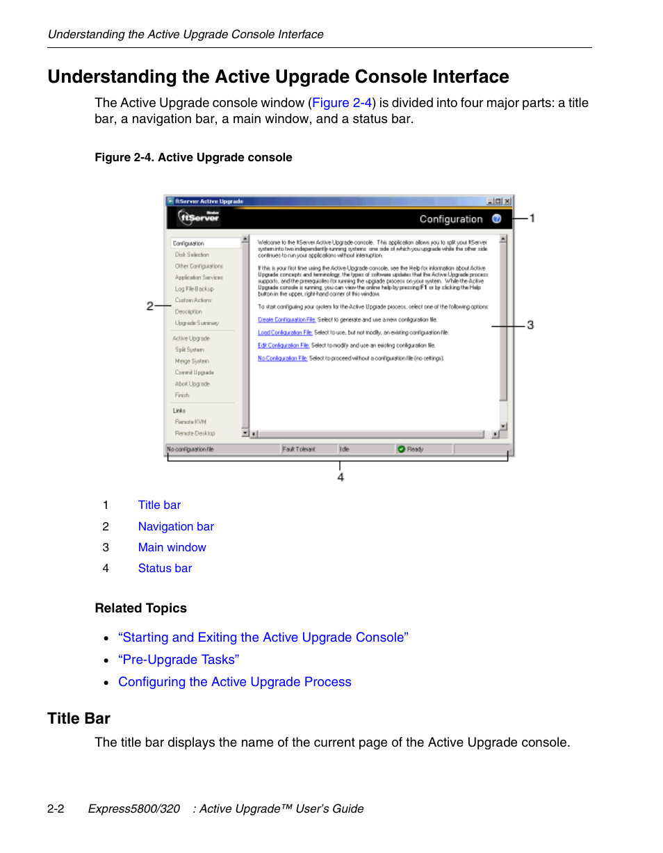 Understanding the active upgrade console interface, Title bar | NEC 320Fc User Manual | Page 44 / 120