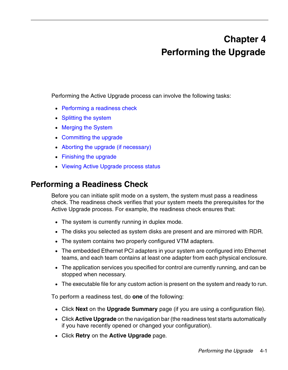 Performing the upgrade, Performing a readiness check, Chapter 4 performing the upgrade | NEC 320Fc User Manual | Page 71 / 120