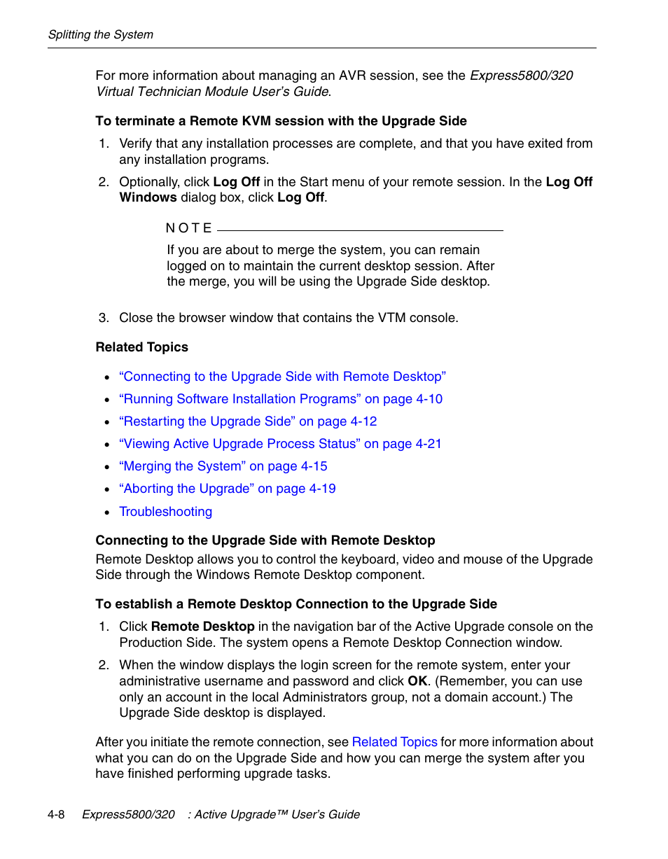 Connecting to the upgrade side with remote desktop | NEC 320Fc User Manual | Page 78 / 120