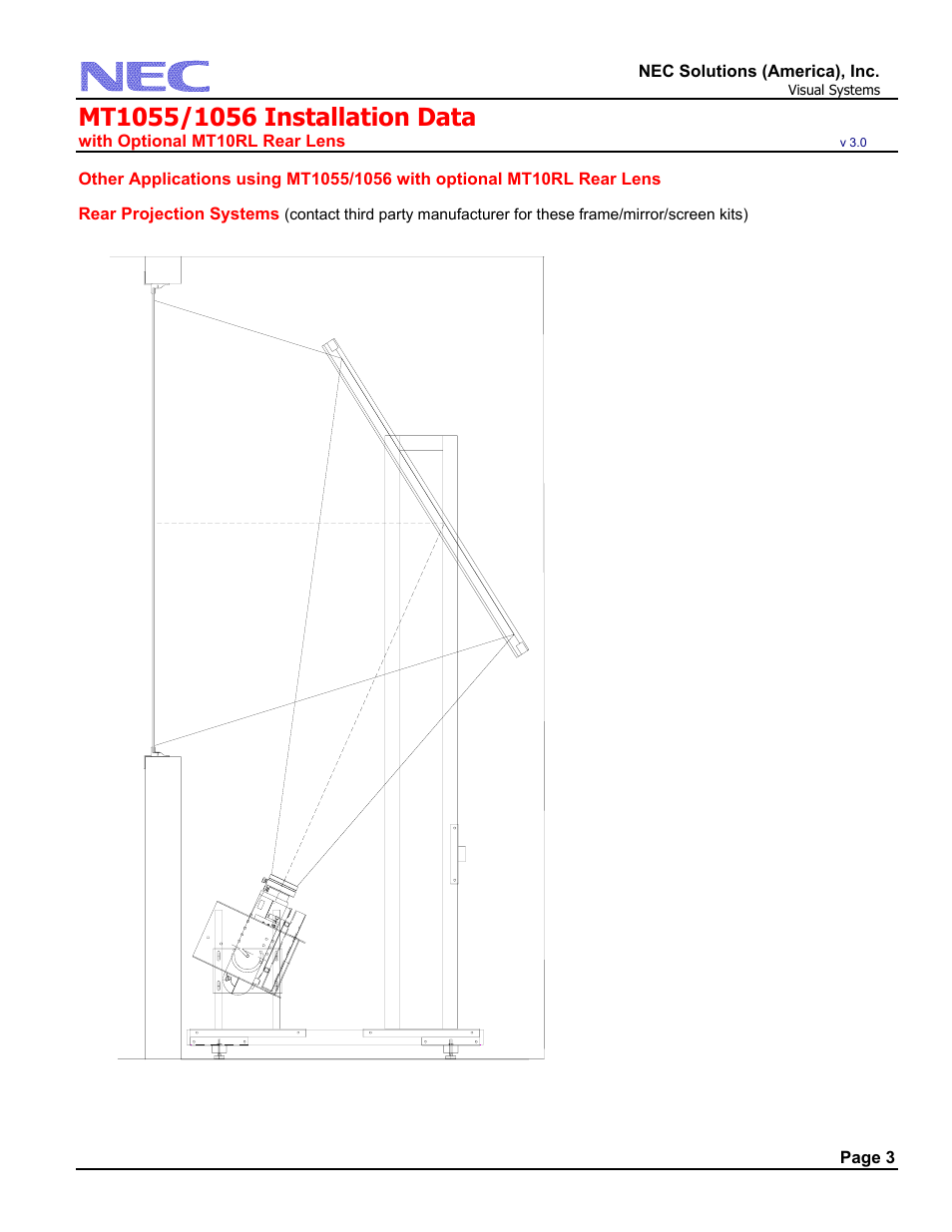 Nec solutions (america), inc, With optional mt10rl rear lens, Page 3 | Rear projection systems | NEC MT1056 User Manual | Page 3 / 6