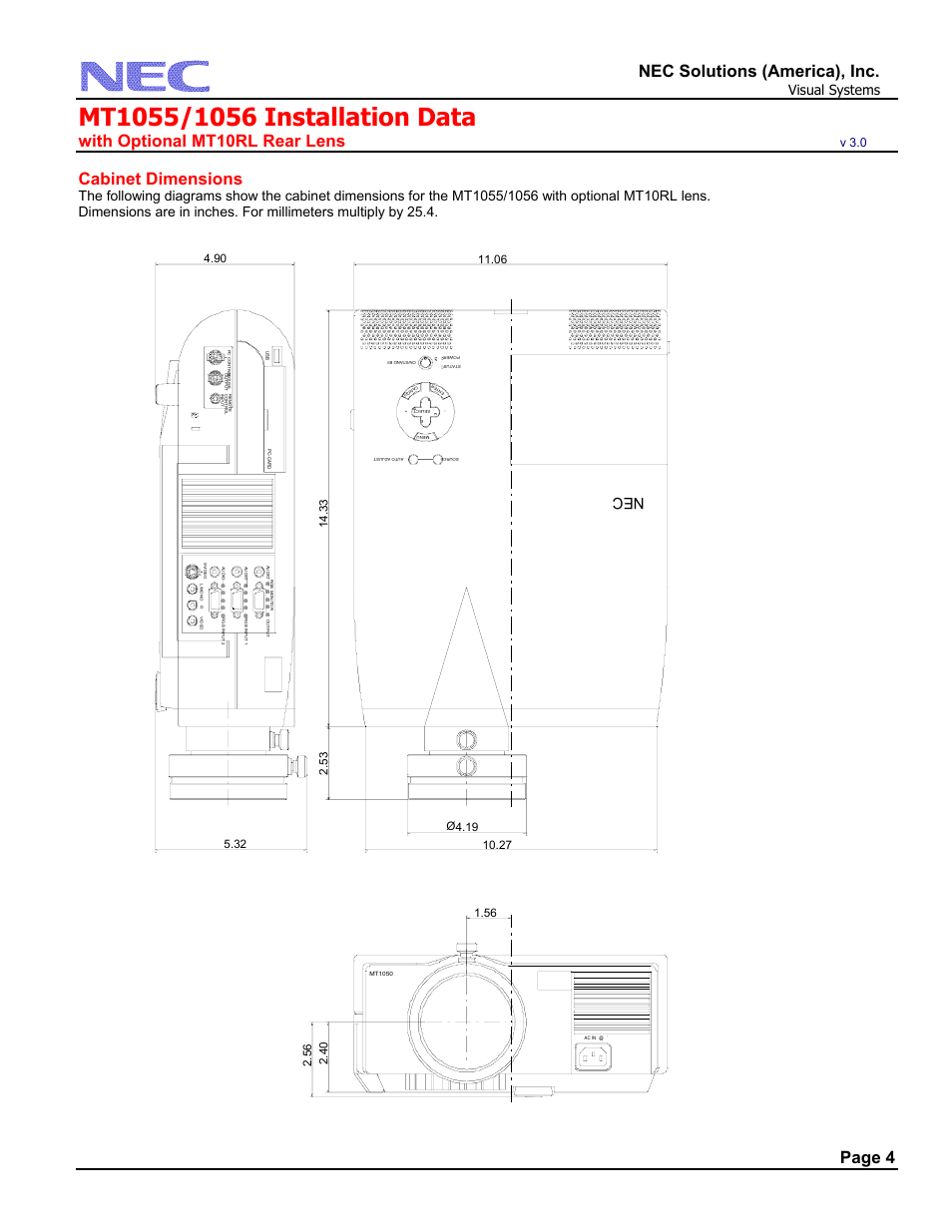 Cabinet dimensions, Nec solutions (america), inc, With optional mt10rl rear lens | Page 4, Ne c, Visual systems, V 3.0 | NEC MT1056 User Manual | Page 4 / 6