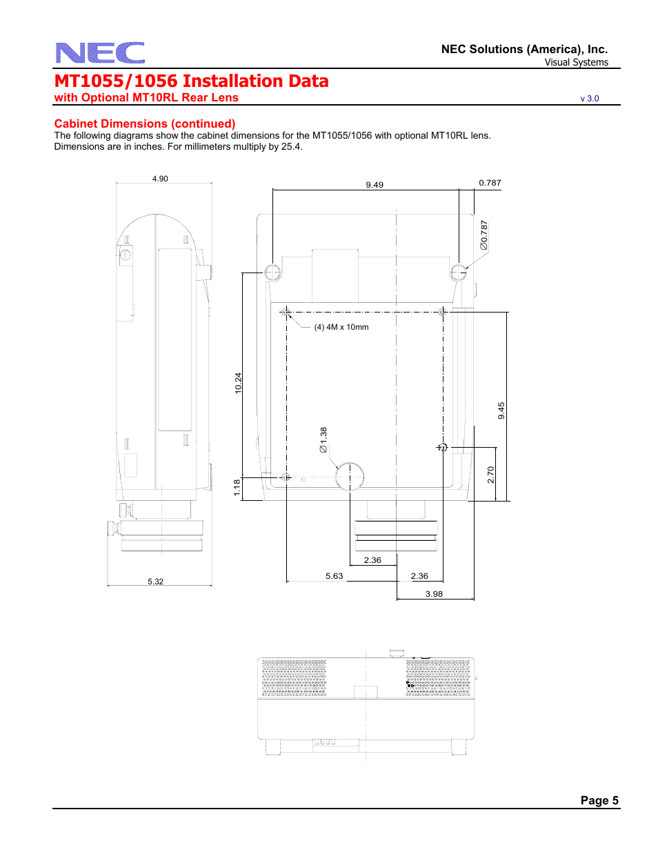 Cabinet dimensions (continued), Nec solutions (america), inc, With optional mt10rl rear lens | Page 5 | NEC MT1056 User Manual | Page 5 / 6