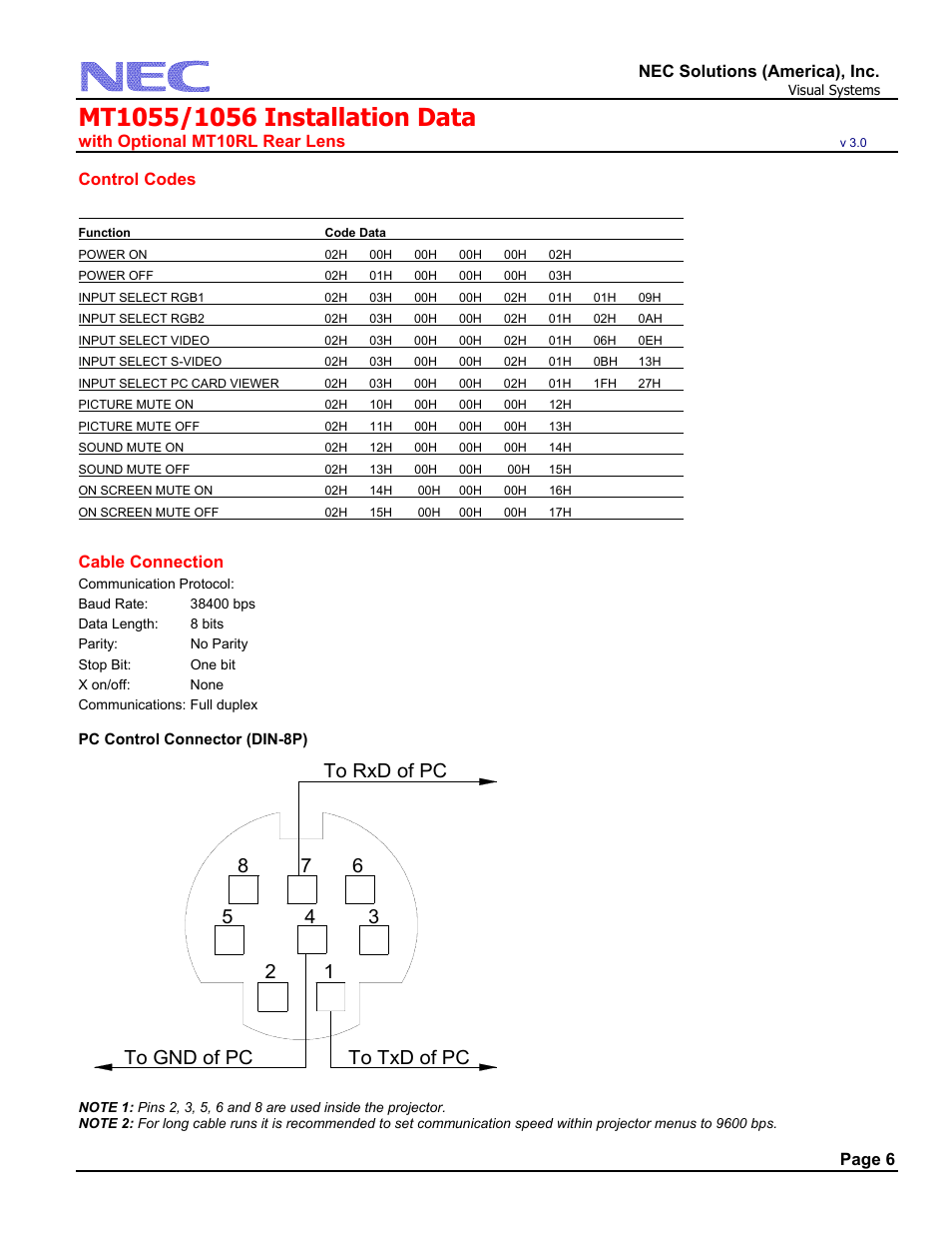 Control codes, Function code data, Power on 02h00h00h 00h 00h 02h | Nec solutions (america), inc, With optional mt10rl rear lens, Page 6, Cable connection | NEC MT1056 User Manual | Page 6 / 6