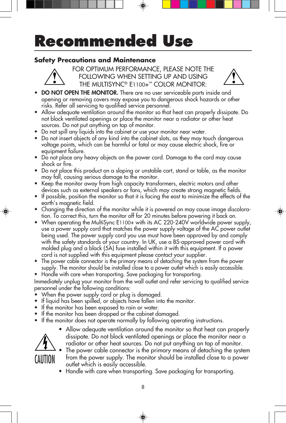 Recommended use, Caution | NEC E1100+ User Manual | Page 10 / 56