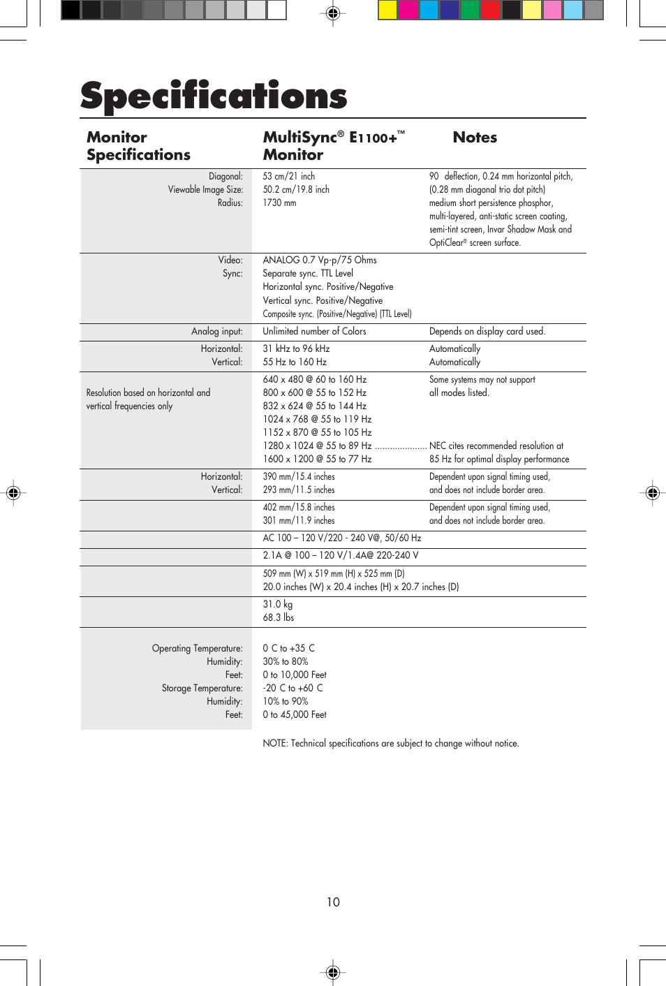 Specifications, Monitor multisync | NEC E1100+ User Manual | Page 12 / 56