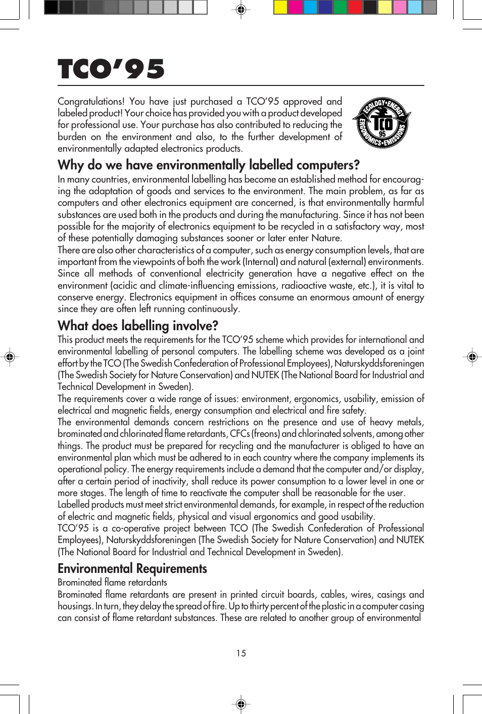 Tco’95, Why do we have environmentally labelled computers, What does labelling involve | Environmental requirements | NEC E1100+ User Manual | Page 17 / 56