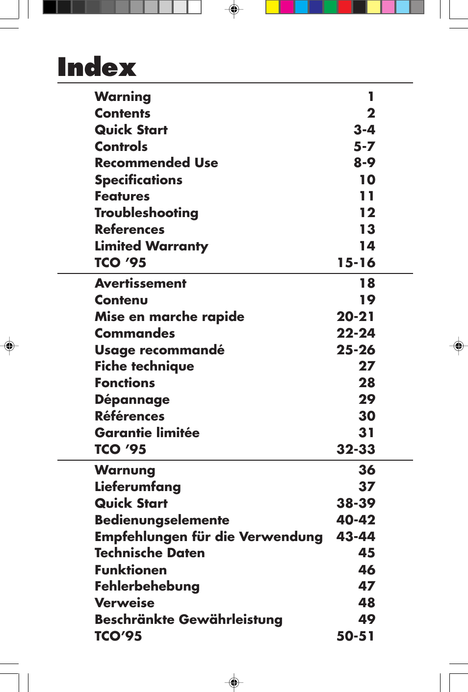 Index | NEC E1100+ User Manual | Page 2 / 56