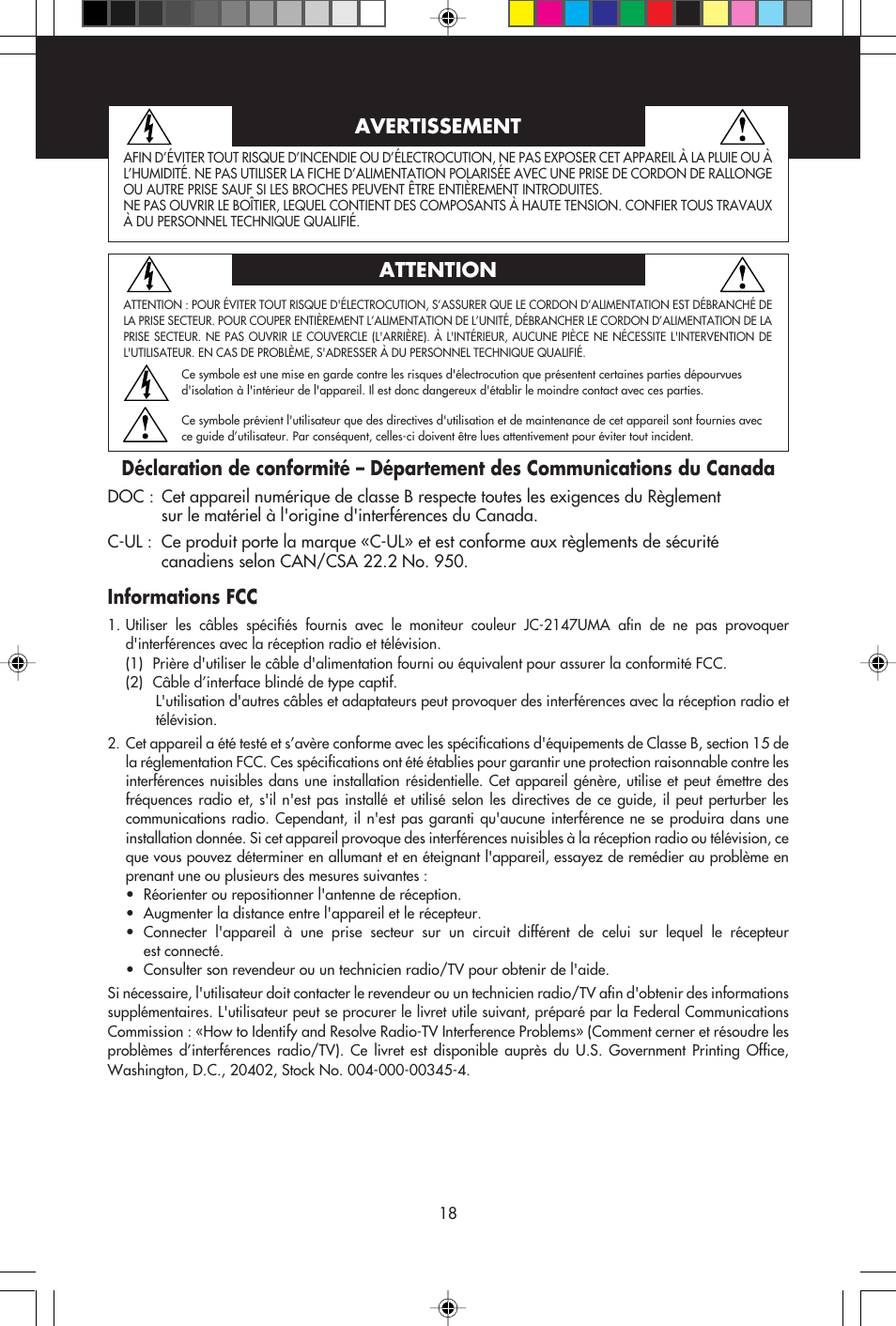 Avertissement attention, Informations fcc | NEC E1100+ User Manual | Page 20 / 56