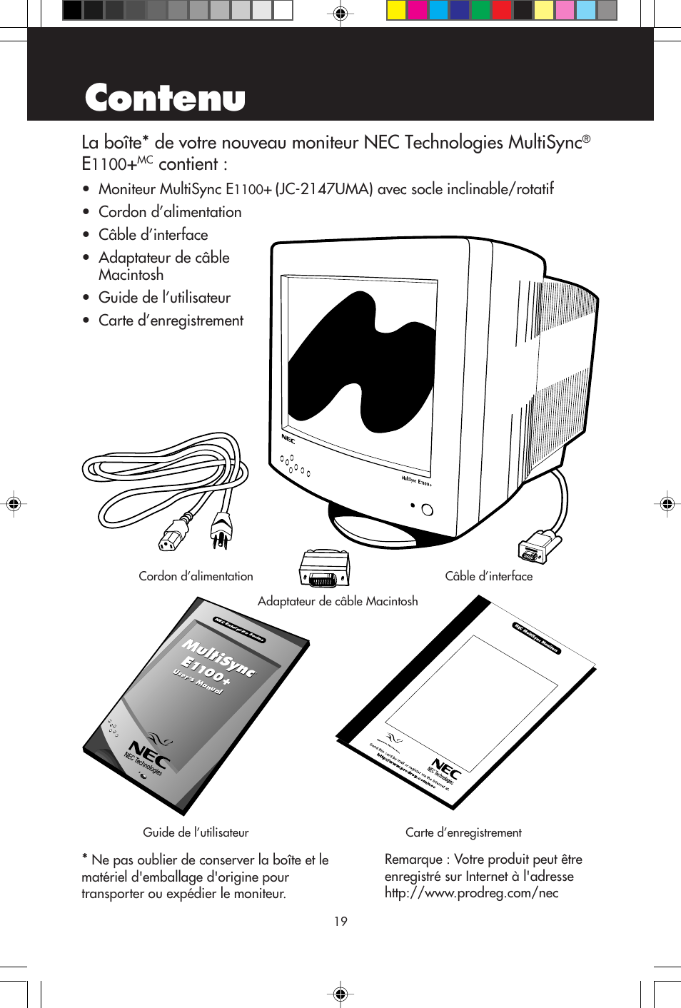 Contenu, Contient, Moniteur multisync e | Multisync, Product registra tion | NEC E1100+ User Manual | Page 21 / 56