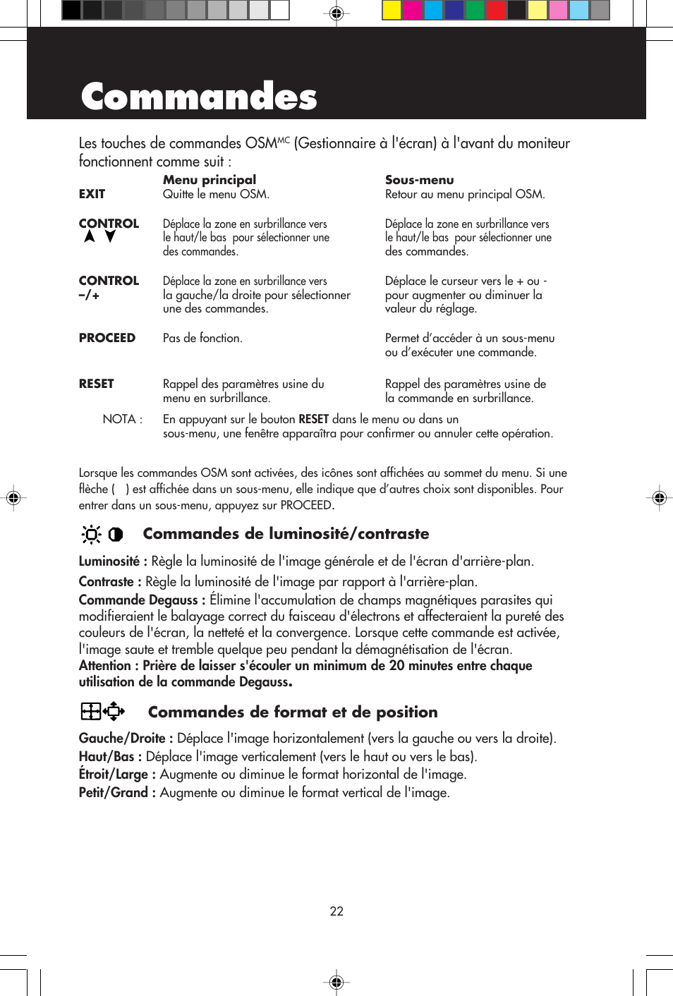 Commandes | NEC E1100+ User Manual | Page 24 / 56