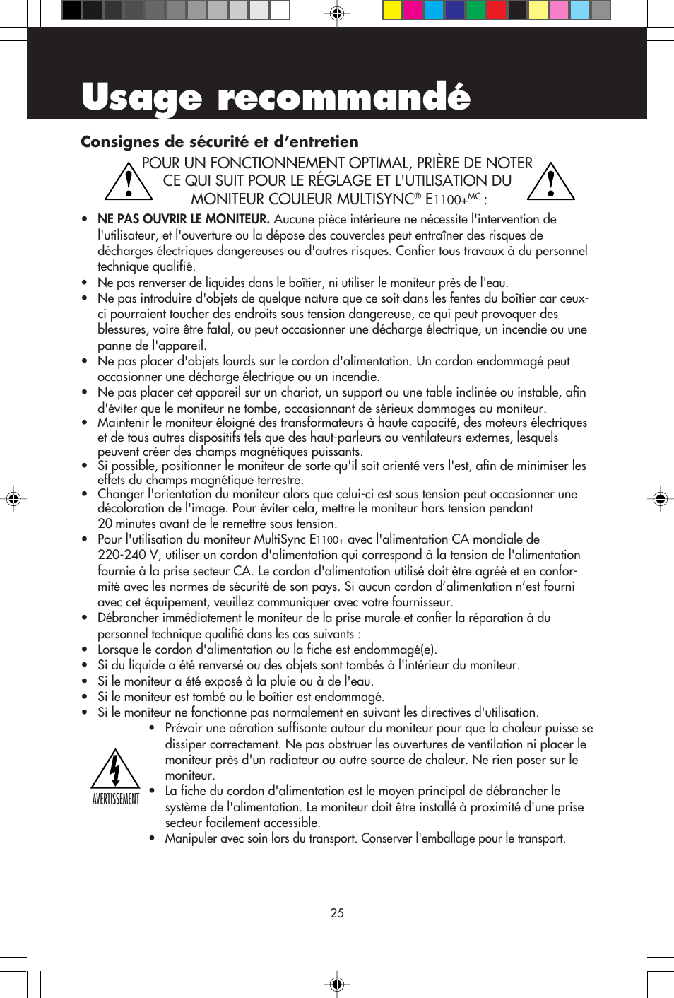 Usage recommandé | NEC E1100+ User Manual | Page 27 / 56