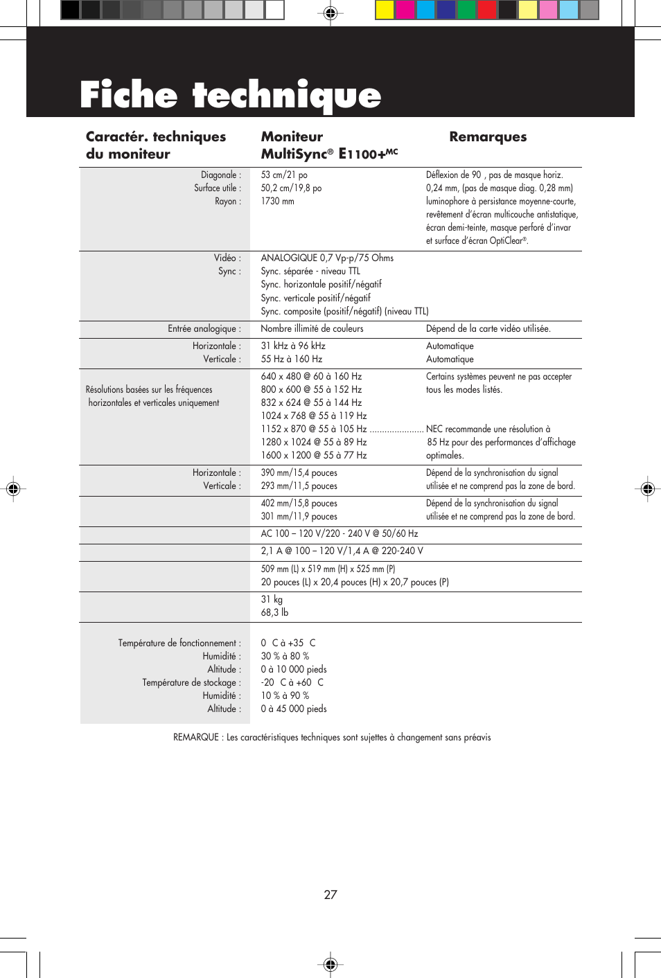 Fiche technique | NEC E1100+ User Manual | Page 29 / 56