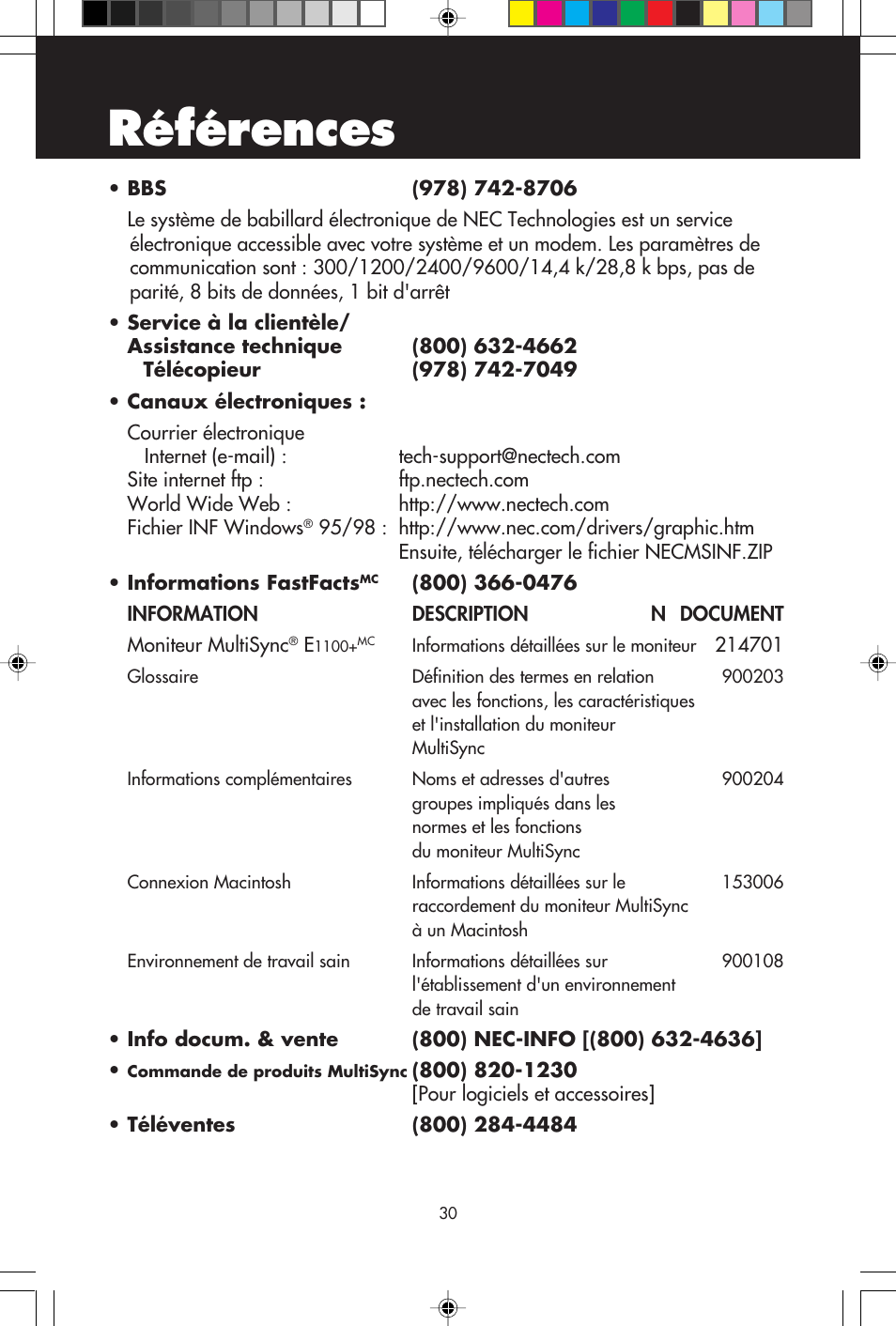 Références | NEC E1100+ User Manual | Page 32 / 56