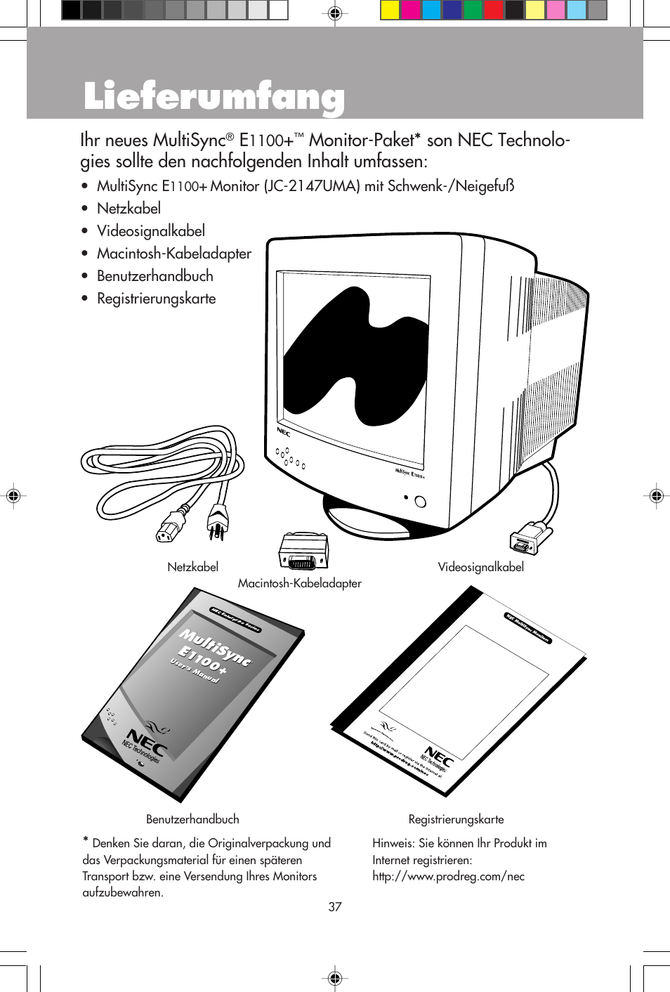 Lieferumfang, Ihr neues multisync, Multisync e | Multisync, Product registra tion | NEC E1100+ User Manual | Page 39 / 56