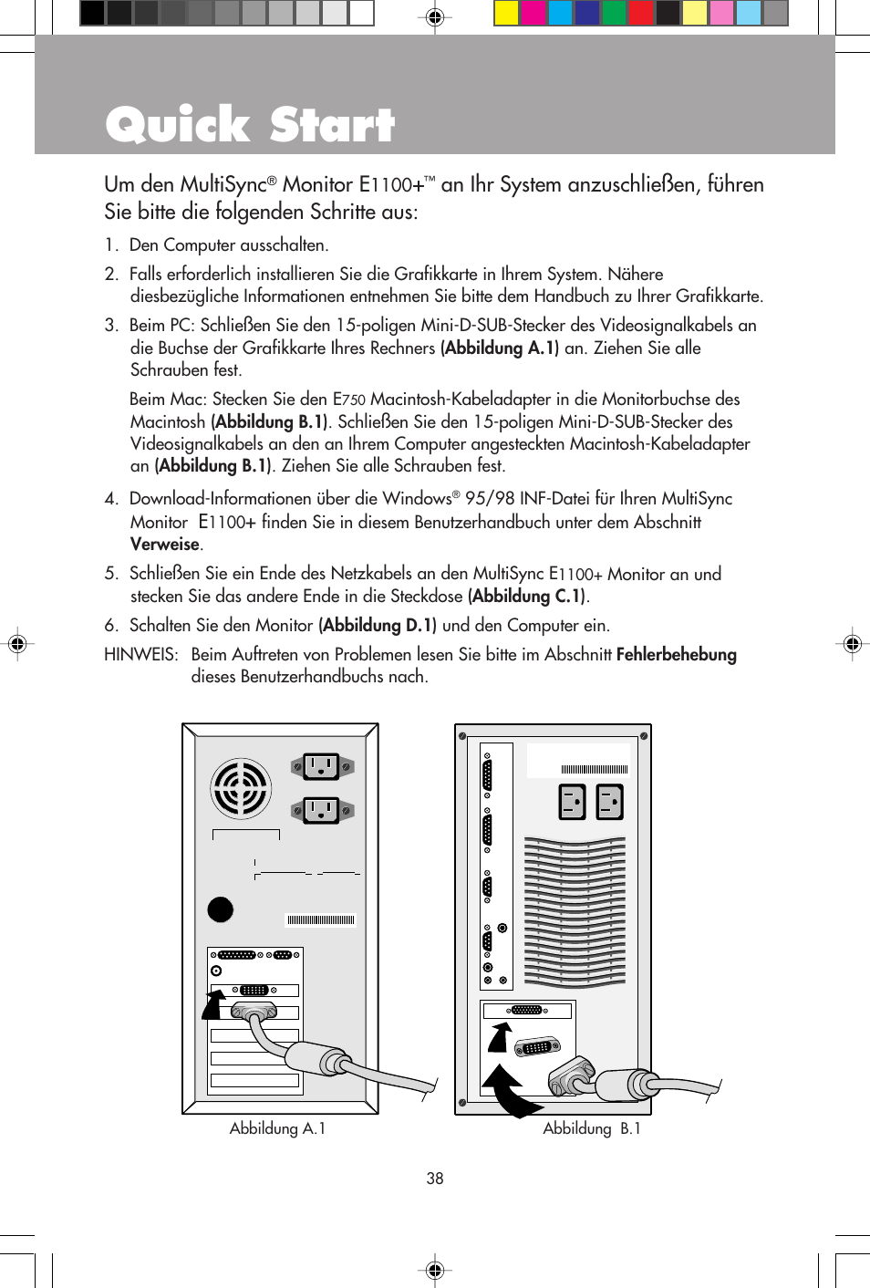 Quick start, Um den multisync, Monitor e | NEC E1100+ User Manual | Page 40 / 56