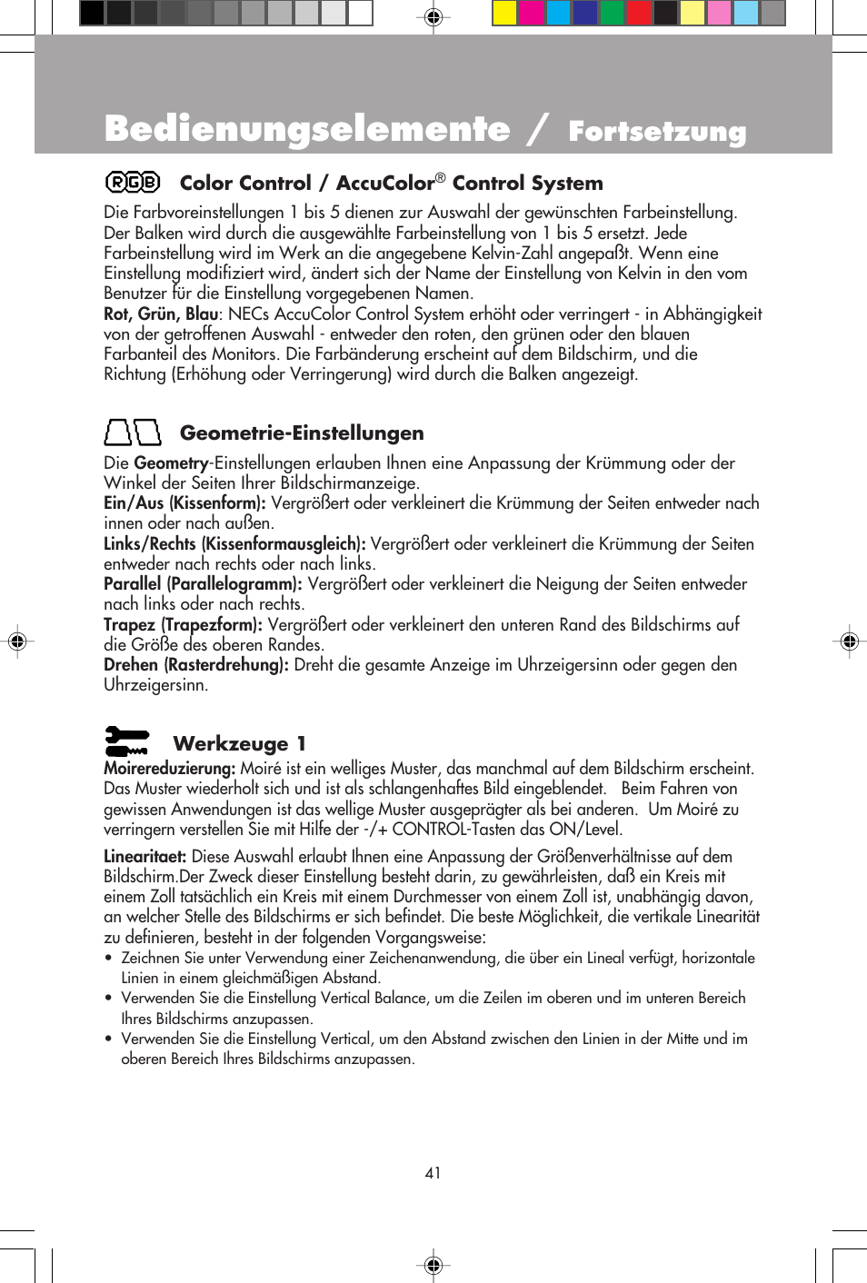 Bedienungselemente, Fortsetzung | NEC E1100+ User Manual | Page 43 / 56