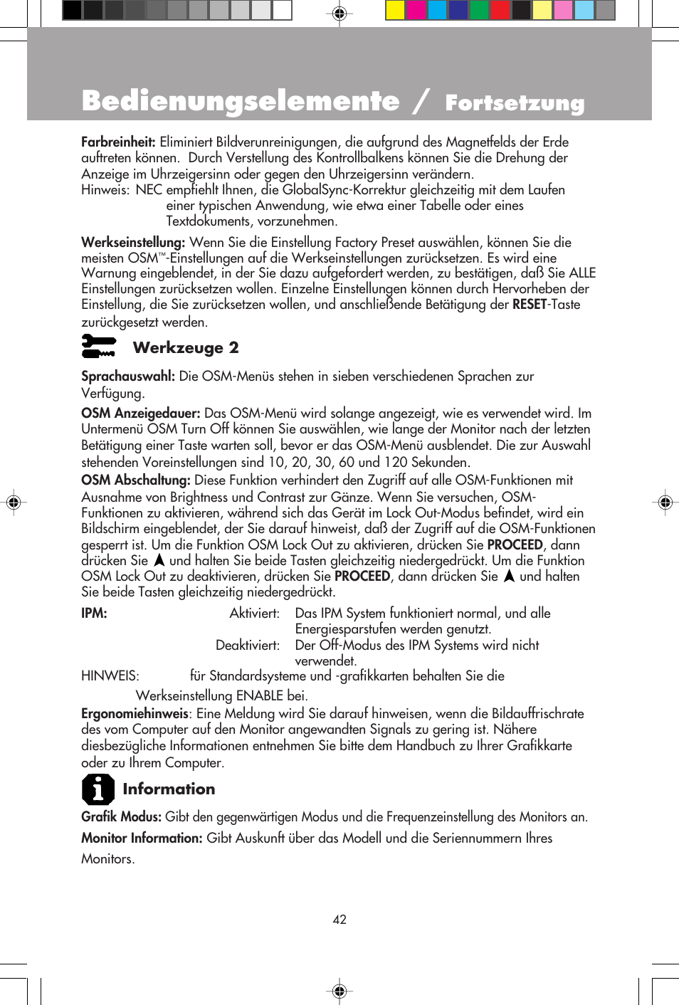 Bedienungselemente, Fortsetzung | NEC E1100+ User Manual | Page 44 / 56