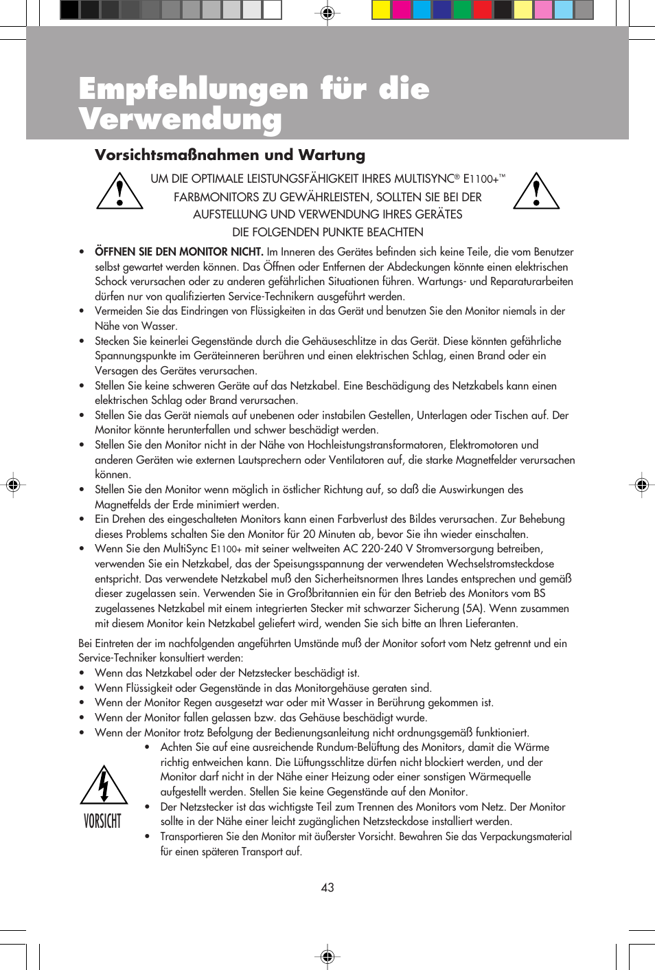 Empfehlungen für die verwendung, Vorsicht, Vorsichtsmaßnahmen und wartung | NEC E1100+ User Manual | Page 45 / 56