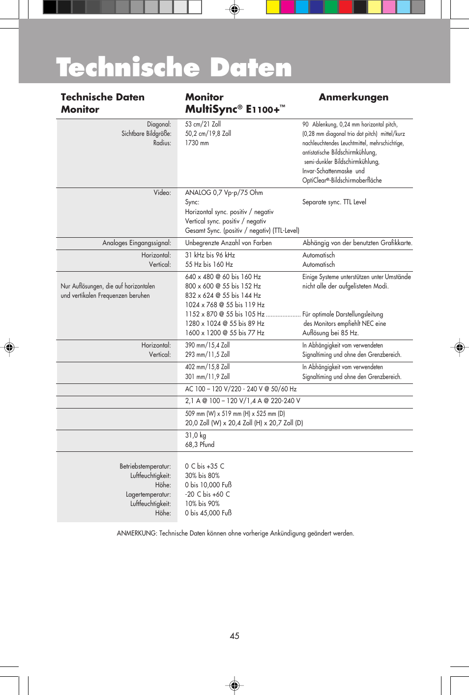 Technische daten, Multisync, Technische daten monitor anmerkungen monitor | NEC E1100+ User Manual | Page 47 / 56