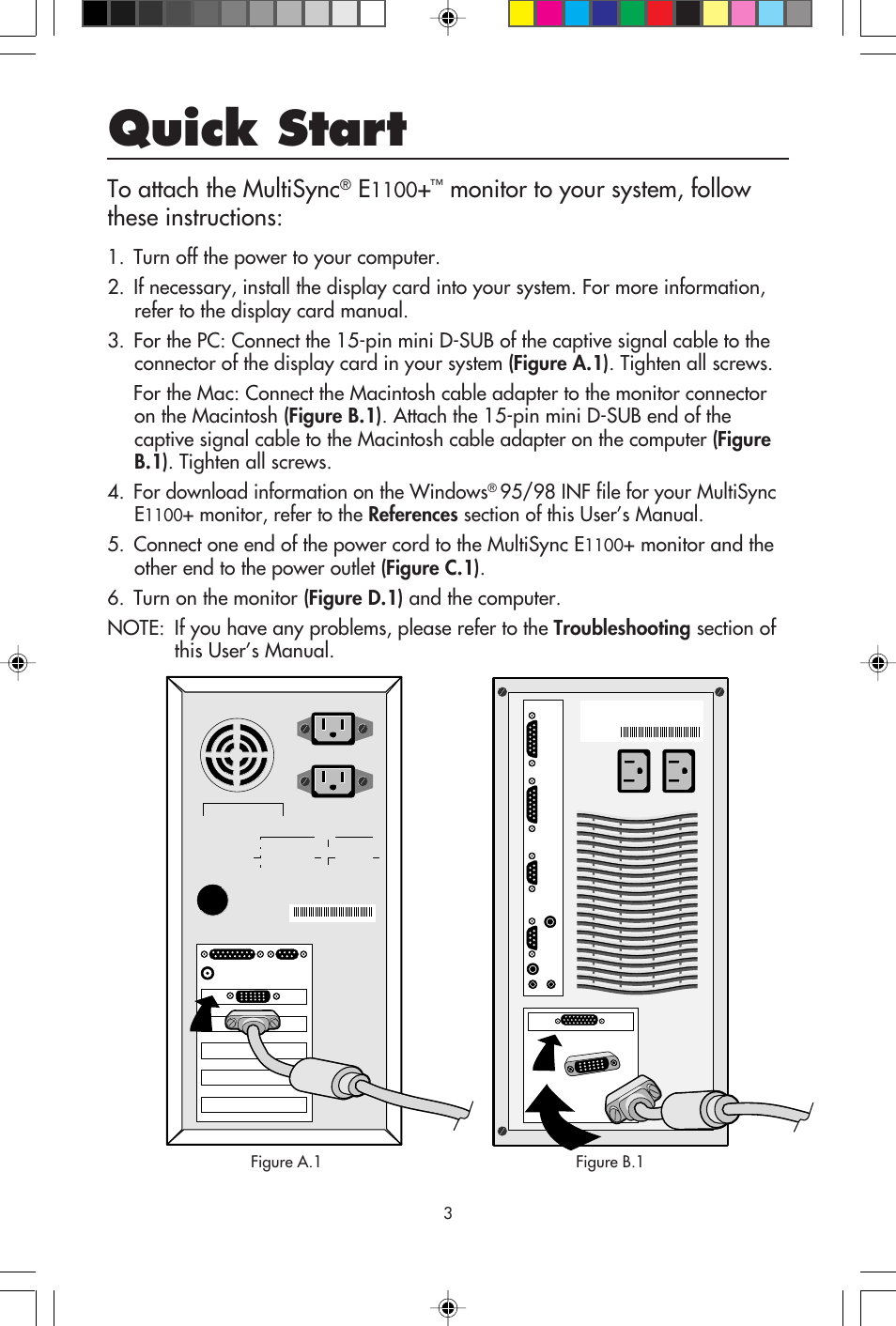 Quick start, Monitor to your system, follow these instructions | NEC E1100+ User Manual | Page 5 / 56