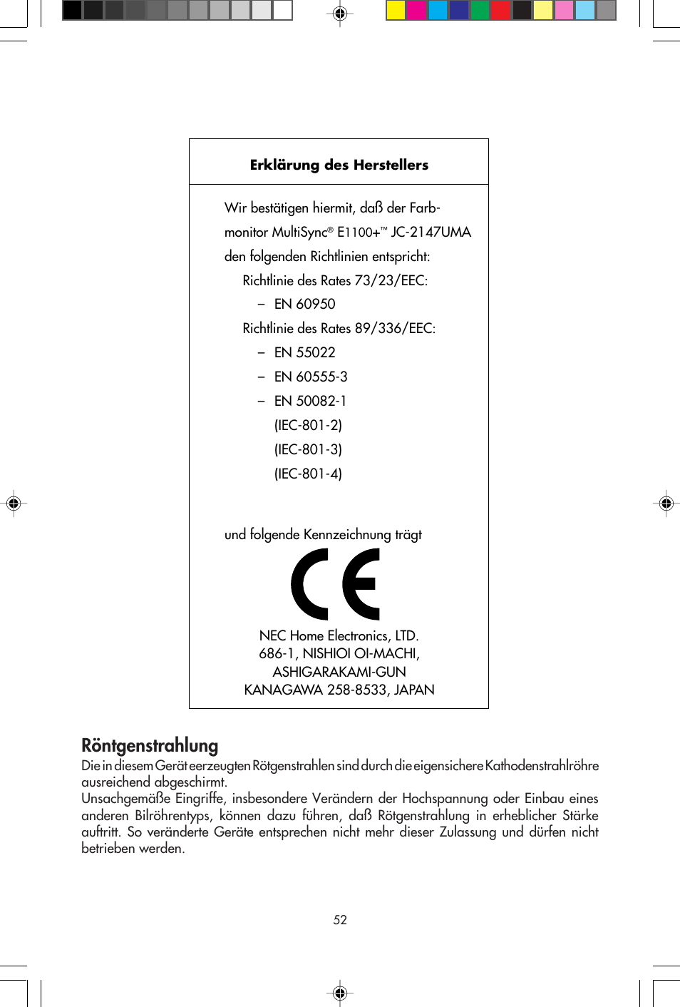 Röntgenstrahlung | NEC E1100+ User Manual | Page 54 / 56