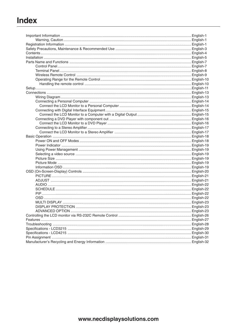 Index | NEC LCD4215 User Manual | Page 2 / 34