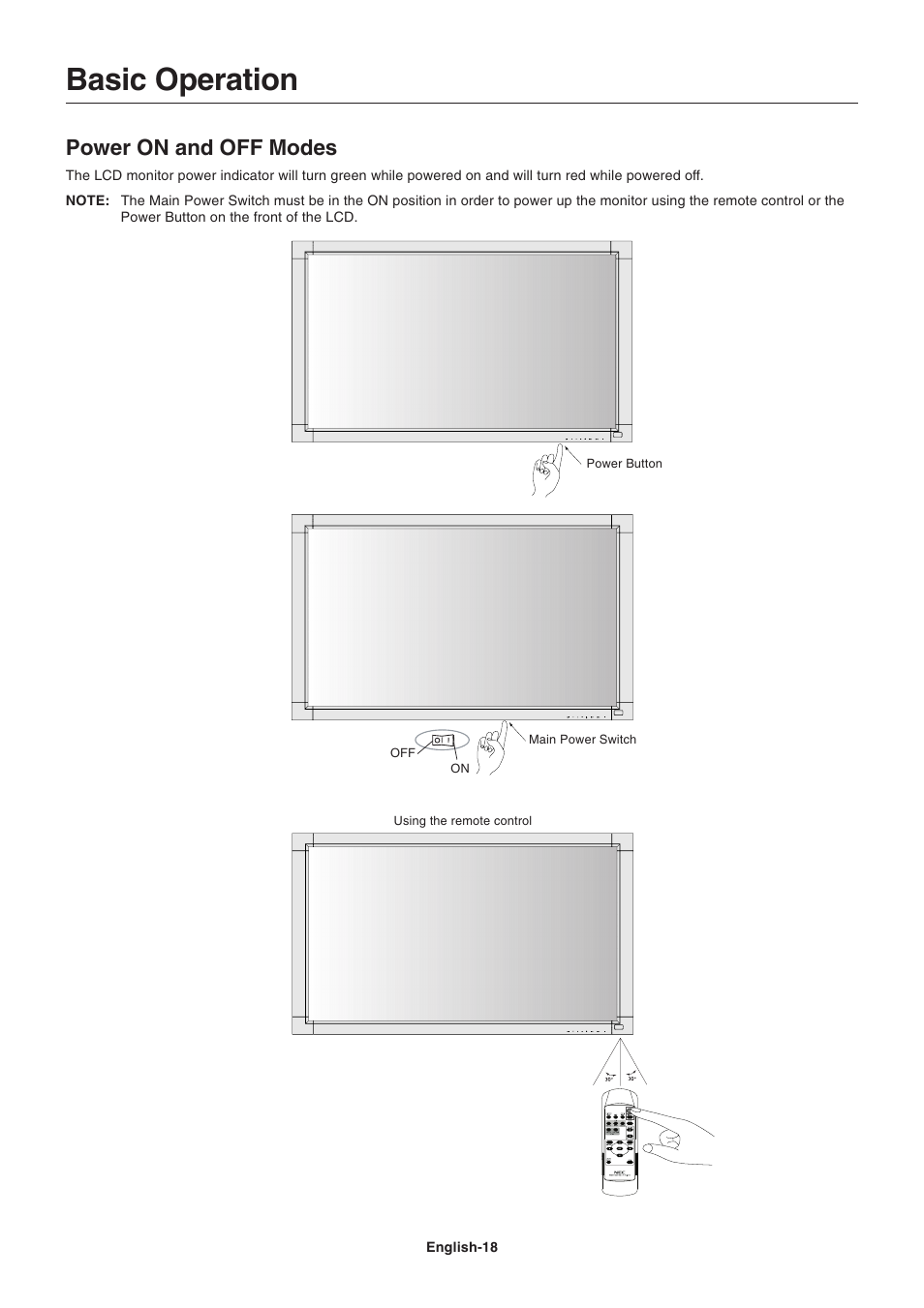 Basic operation, Power on and off modes | NEC LCD4215 User Manual | Page 20 / 34