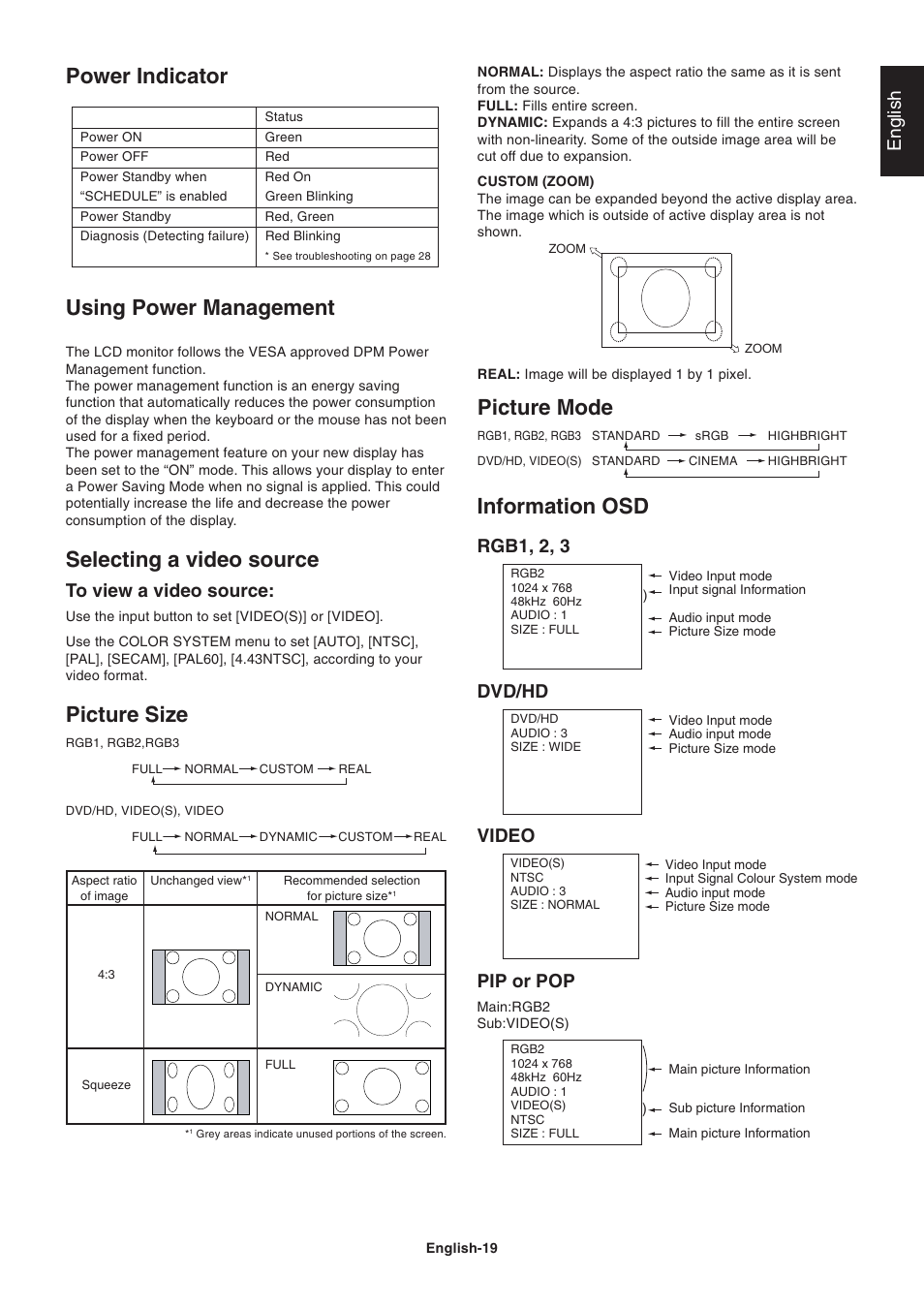 Picture mode, Power indicator using power management, Selecting a video source | Picture size, Information osd, English, Rgb1, 2, 3 dvd/hd video pip or pop | NEC LCD4215 User Manual | Page 21 / 34